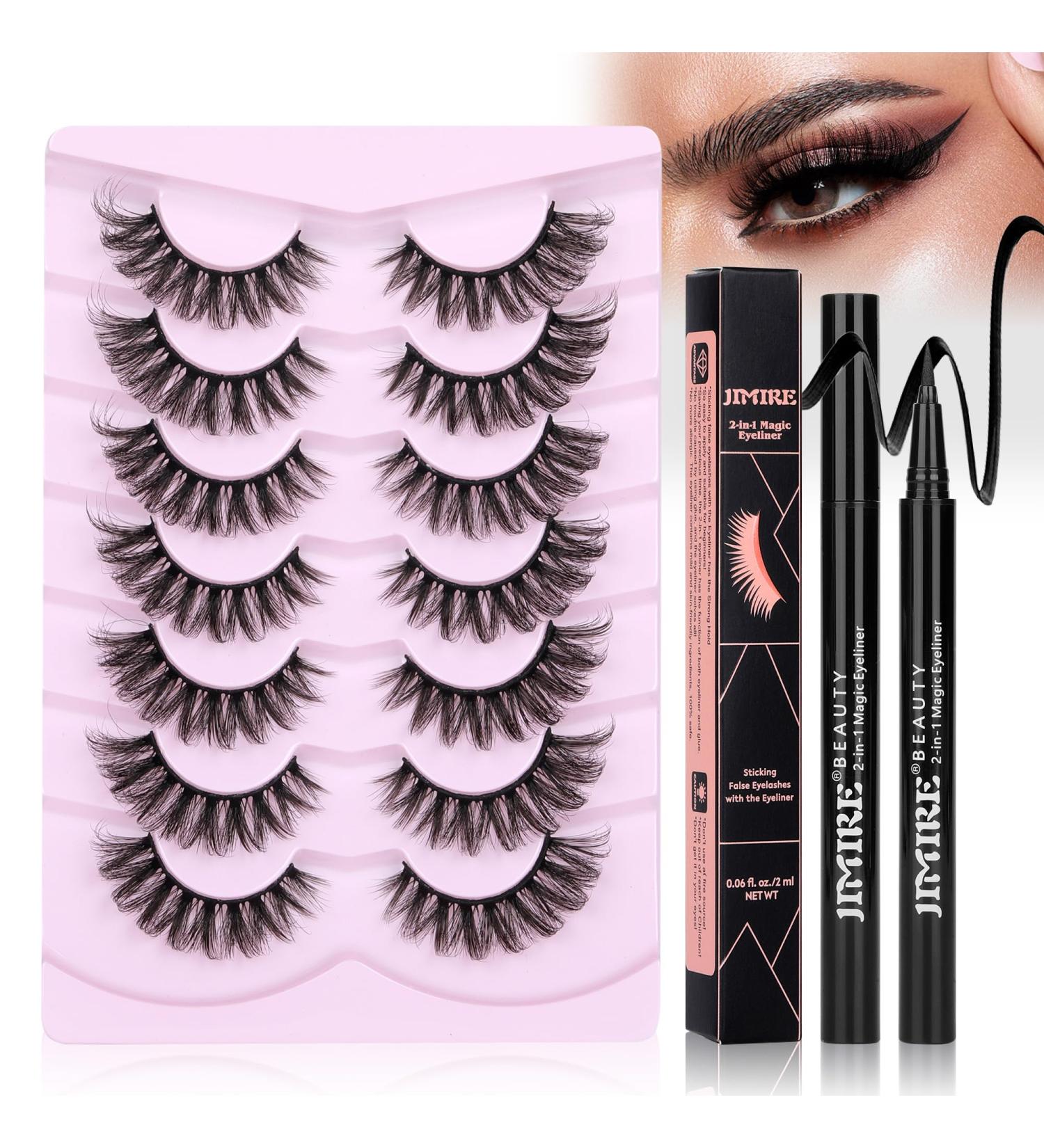 JIMIRE False Eyelashes Wispy Fluffy Cat Eye 6D Volume Russian Strip D Curl Faux Mink Lashes with 2 in 1 Magic Eyelash Glue and Tweezers Look Like Lash Extension 7 Pairs Pack - Buy Online on SooperMarket.com