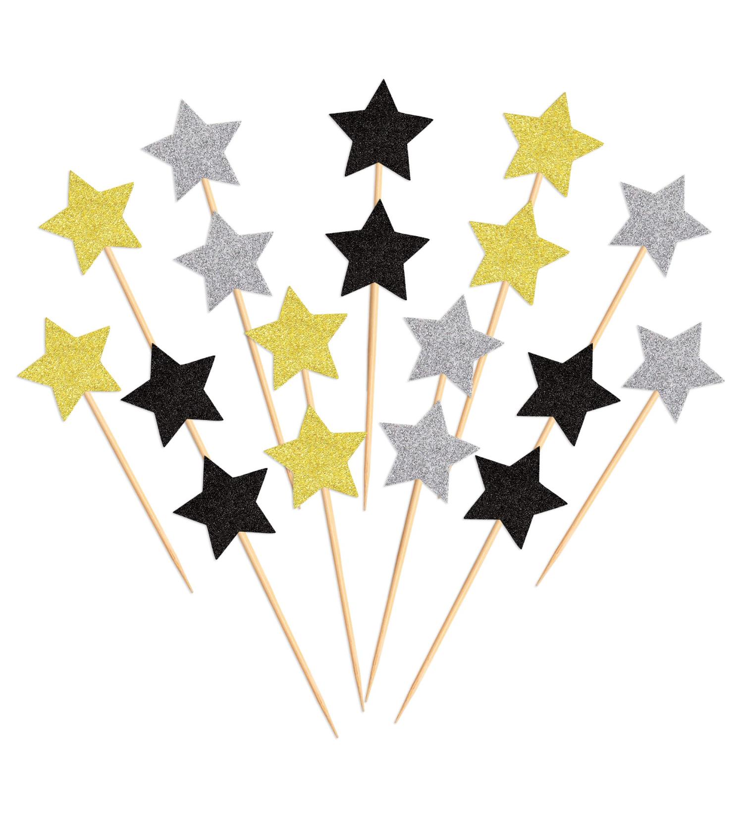 120 Pcs Star Cupcake Toppers Happy New Year Glitter Black Gold and Silver Star Cake Topper Picks Toothpick Toppers New Year Photo Props for New Year Party Supplies (Star) - Buy Online on SooperMarket.com