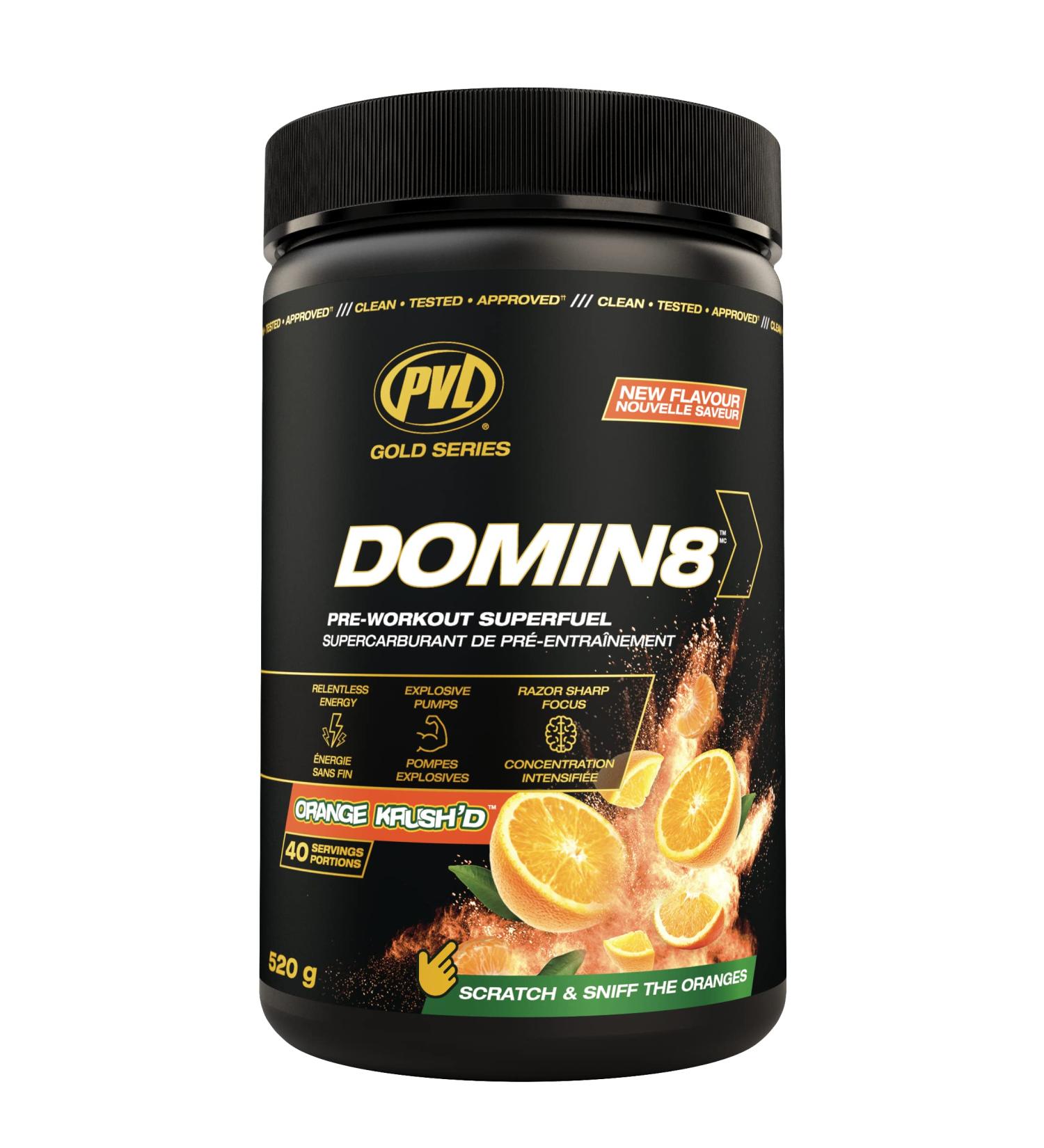 PVL Gold Series Domin8 | Pre-workout Superfuel - full dose Preworkout - 520 g - (Orange Krush'd) - Buy Online on SooperMarket.com