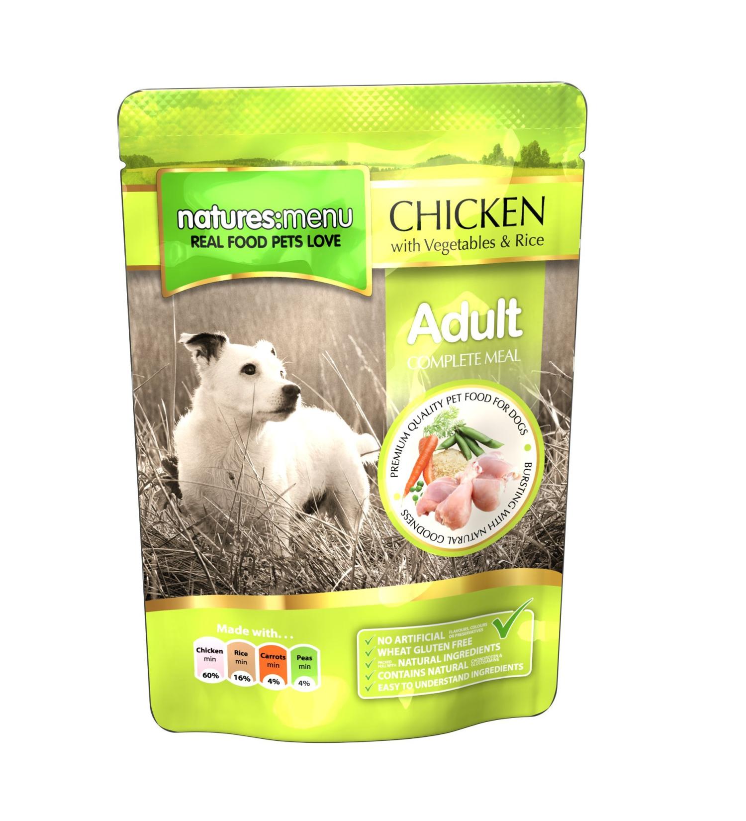 4 x Packs of Natures Menu Pouch Adult Dog Food (Chicken with Vegetables & Rice)