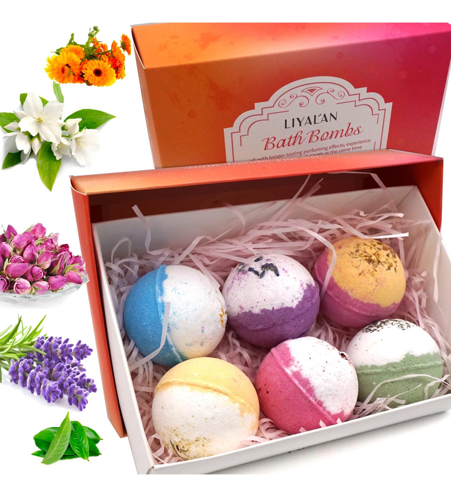 Natural Bath Bombs Spa Set - 6 Fizz Balls with Lavender, Jasmine, Rose, Calendula, Green Tea & Osmanthus Scents - Coconut & Shea Butter for Genuine Moisturization - Relax and Soften Skin - Buy Online on SooperMarket.com