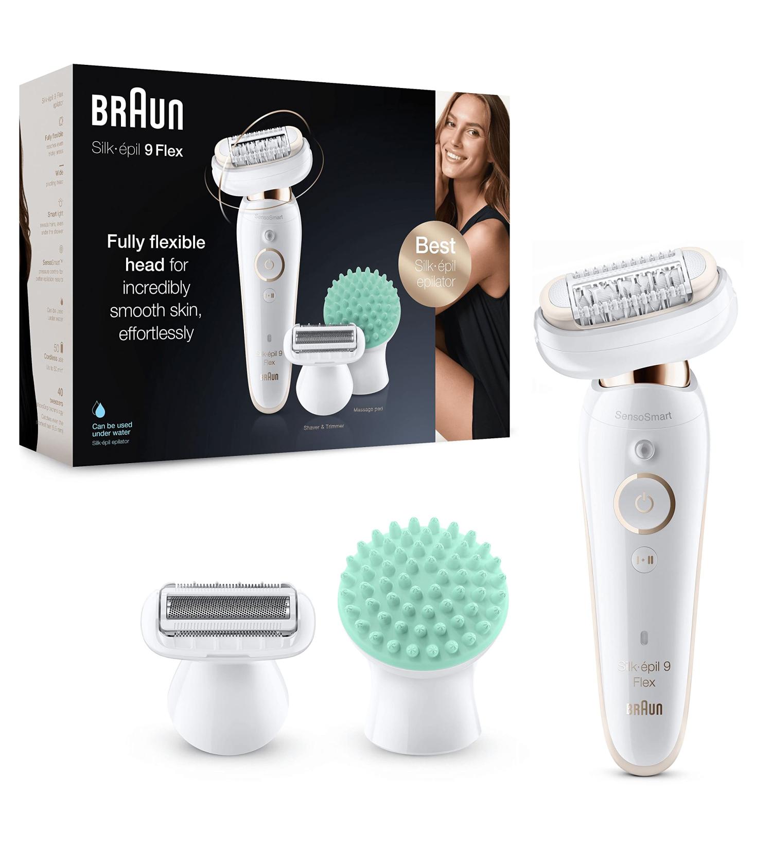 Braun Silk- pil 9 Flex Epilator with Electric Shaver & Trimmer - White/Gold | UK 2 Pin Plug | Women's Gift Set - Buy Online on SooperMarket.com