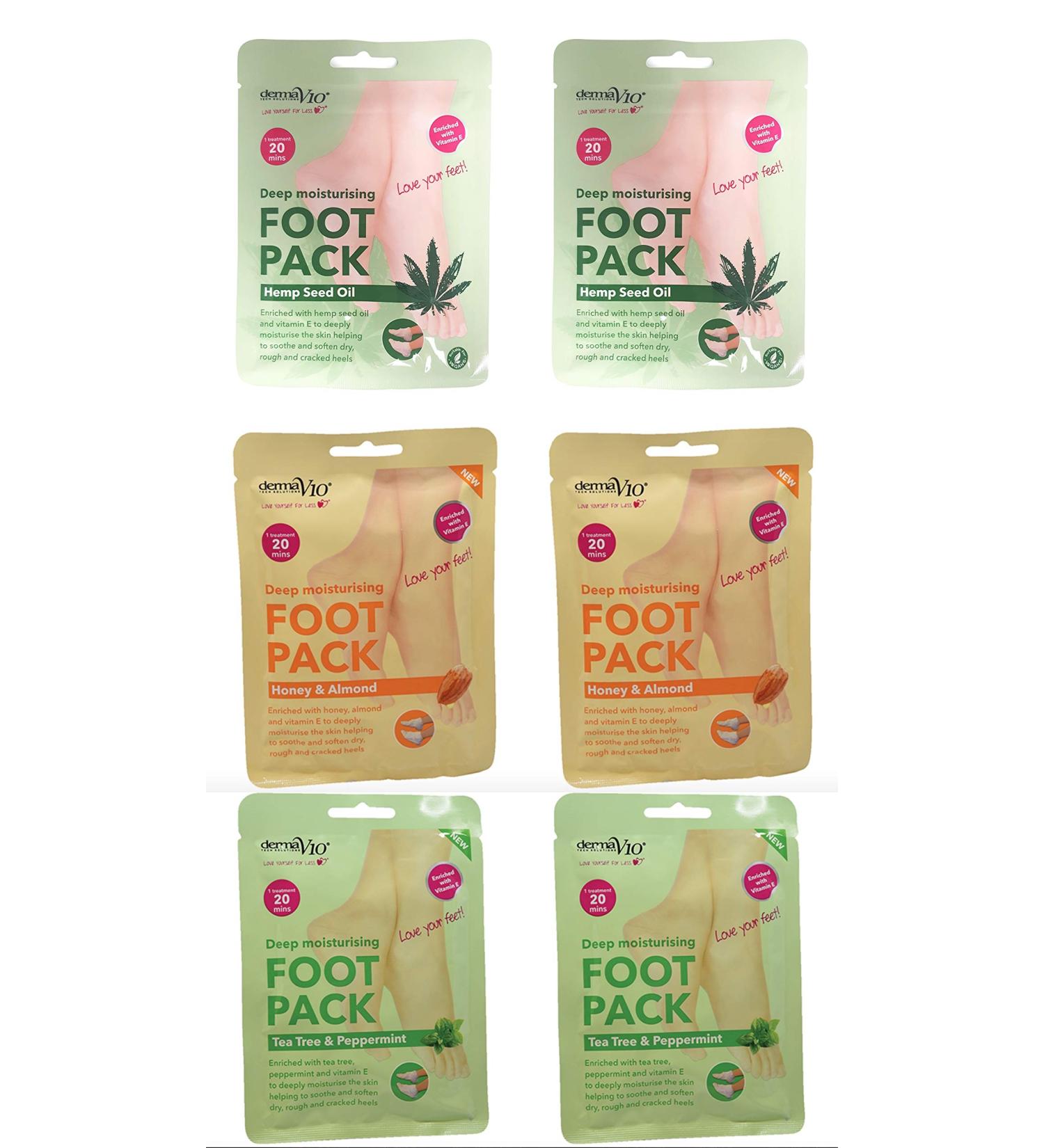Derma V10 Foot Pack Mask (6 Pack) Deep Moisturising (Hemp Seed Oil Honey & Almond Tea Tree Peppermint)