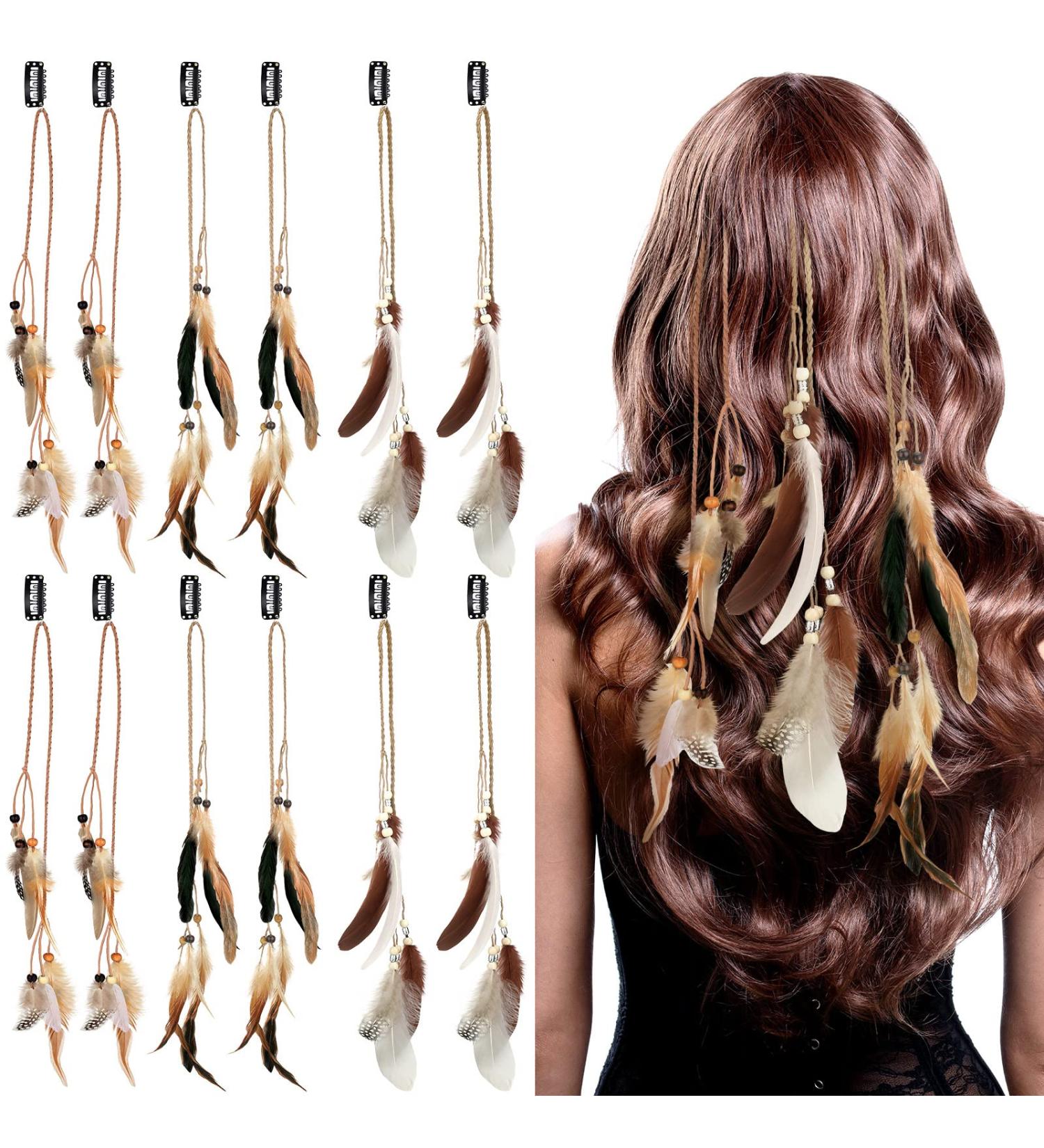12 Pcs Boho Feather Hair Clip Extensions for Women - Stylish Mixed Colors - Buy Online on SooperMarket.com