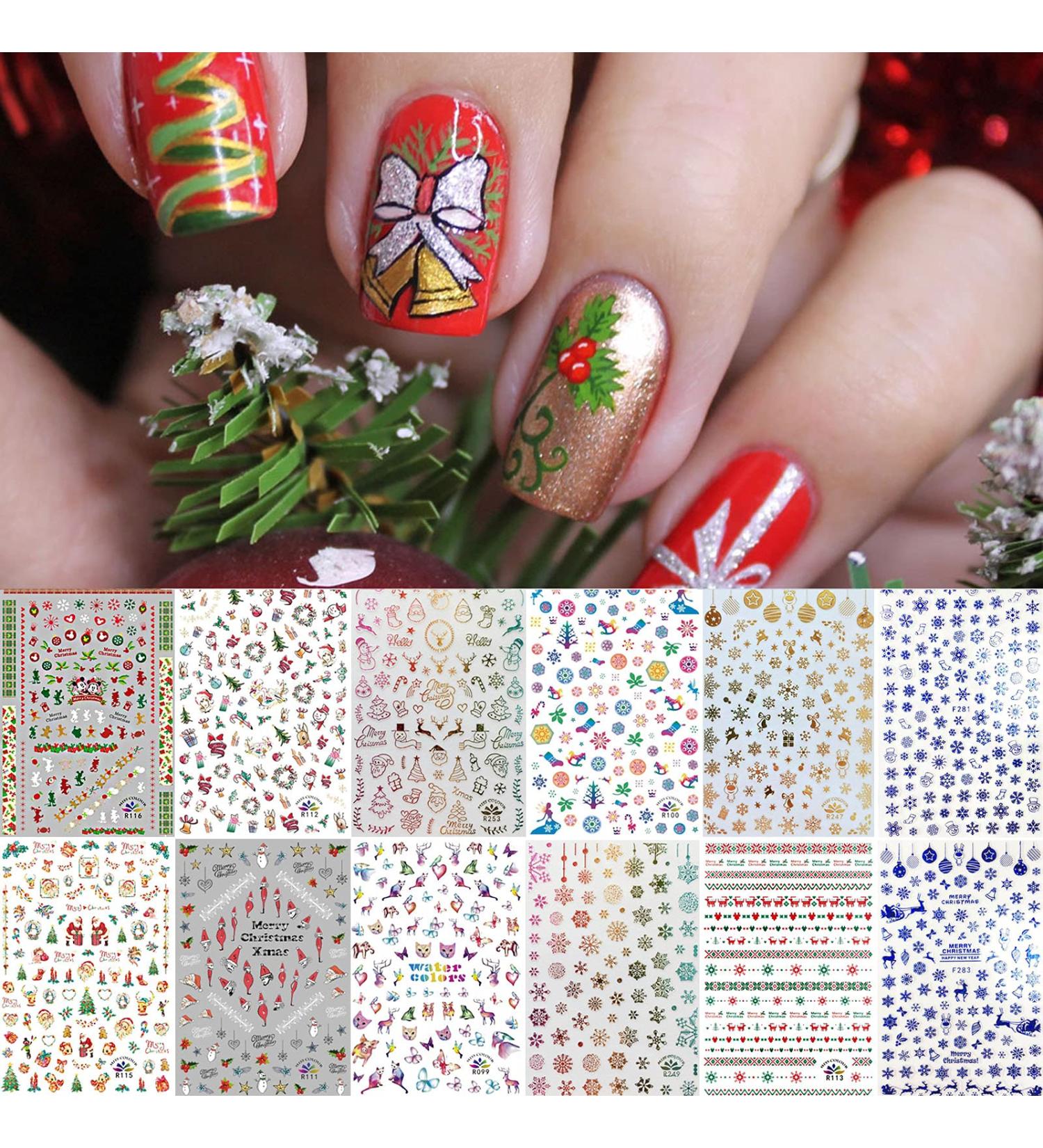 1500+ Christmas Nail Art Stickers - Self-Adhesive Santa, Snowflakes & More | 12 Large Sheets for Festive Nail Designs - Buy Online on SooperMarket.com