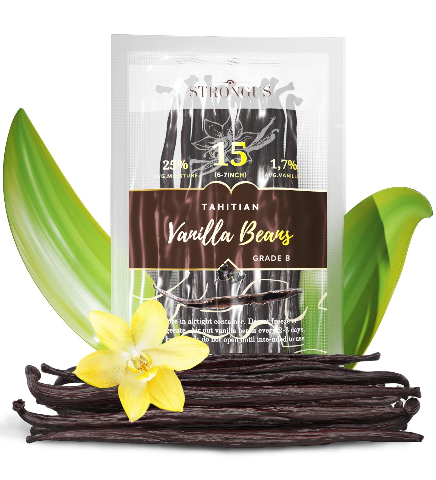 Strongus Large Tahitian Vanilla Beans - Grade B - Rich Creamy Flavor - 15-Pack for Baking, Brewing & Cooking - Buy Online on SooperMarket.com