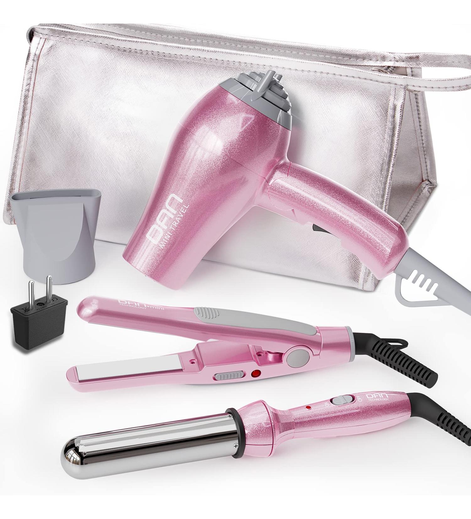 DAN Technology Hair Styling Set - Travel Hair Dryer Mini Flat Iron Curling Iron European Plug Dual Voltage - Portable & Stylish in Pink - Buy Online on SooperMarket.com