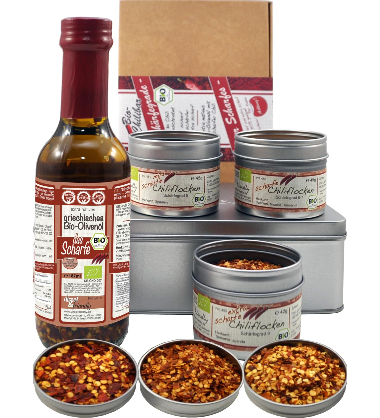 Direct & Friendly Gift Set - Chili Olive Oil & Chili Flakes (4 Pieces) | Extra Sharp Gourmet Flavor for Every Taste - Buy Online on SooperMarket.com