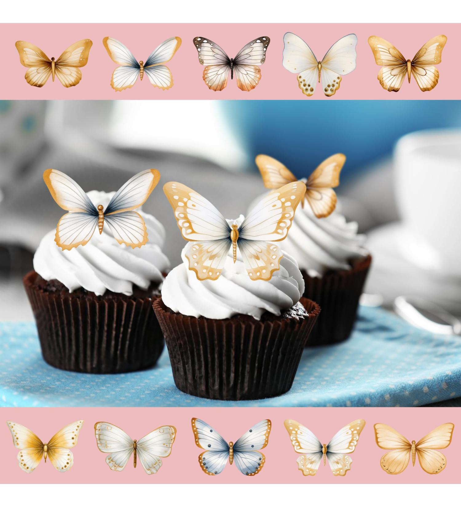 30 x Pre-Cut Beautiful Gold Golden Pastel Butterflies Edible Wafer Rice Paper Cupcake Cake Dessert Toppers - Buy Online on SooperMarket.com
