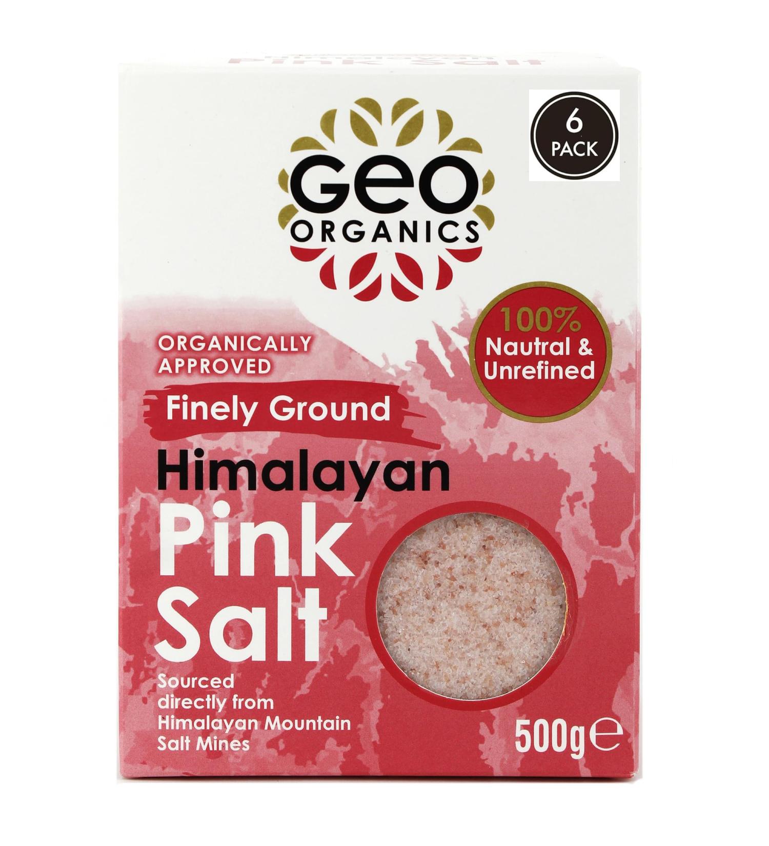 Geo Organics Himalayan Pure Pink Salt Crystals - 100% Natural Salt & Unrefined - Harvested Using Sustainable & Eco Friendly Practices - Contains 84 Minerals (500 Grams (Pack6) Fine Pink Salt) Finely Ground (Pack of 6) - Buy Online on SooperMarket.com