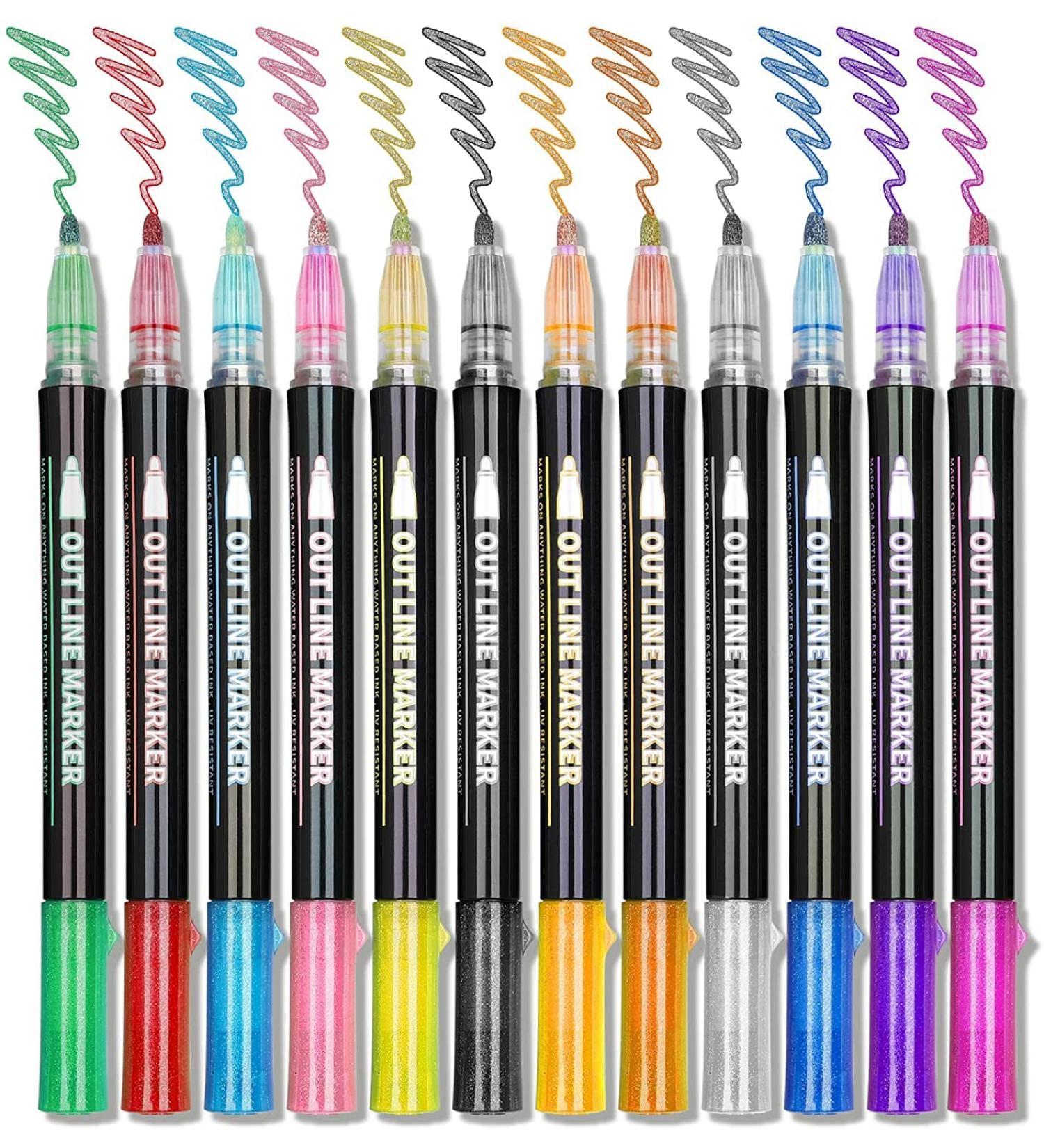 Double Line Markers Outline Pens Set - 12 Glitter Colors for DIY Art, Card Making, Lettering & Craft Projects - Buy Online on SooperMarket.com