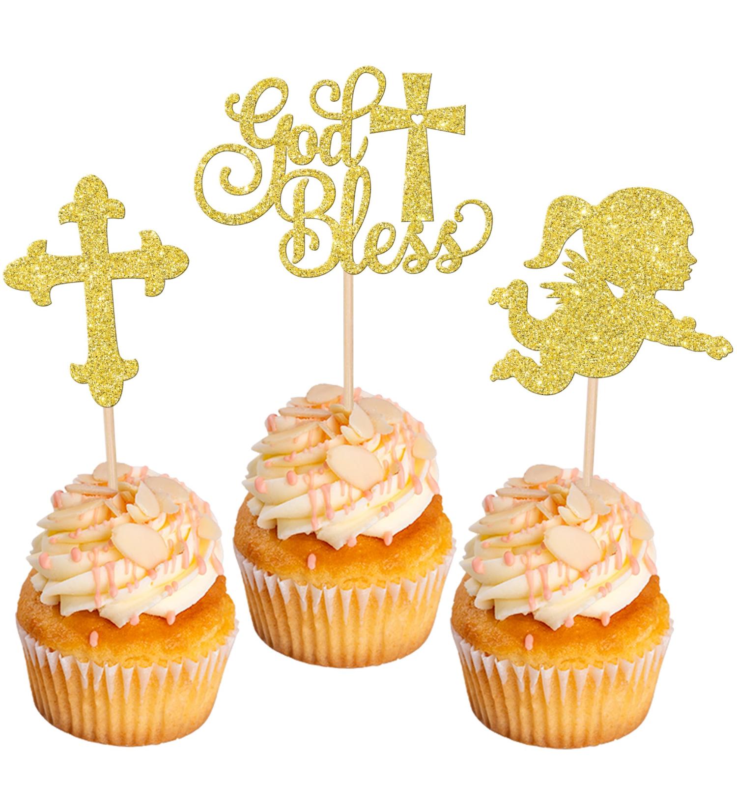 Rsstarxi 24 Pack God Bless and Cross Cupcake Toppers Glitter Angel Christening Babyshower Girl Baptism Cupcake Picks Decorations for First Communion Baptism Party Cake Decorations Gold - Buy Online on SooperMarket.com