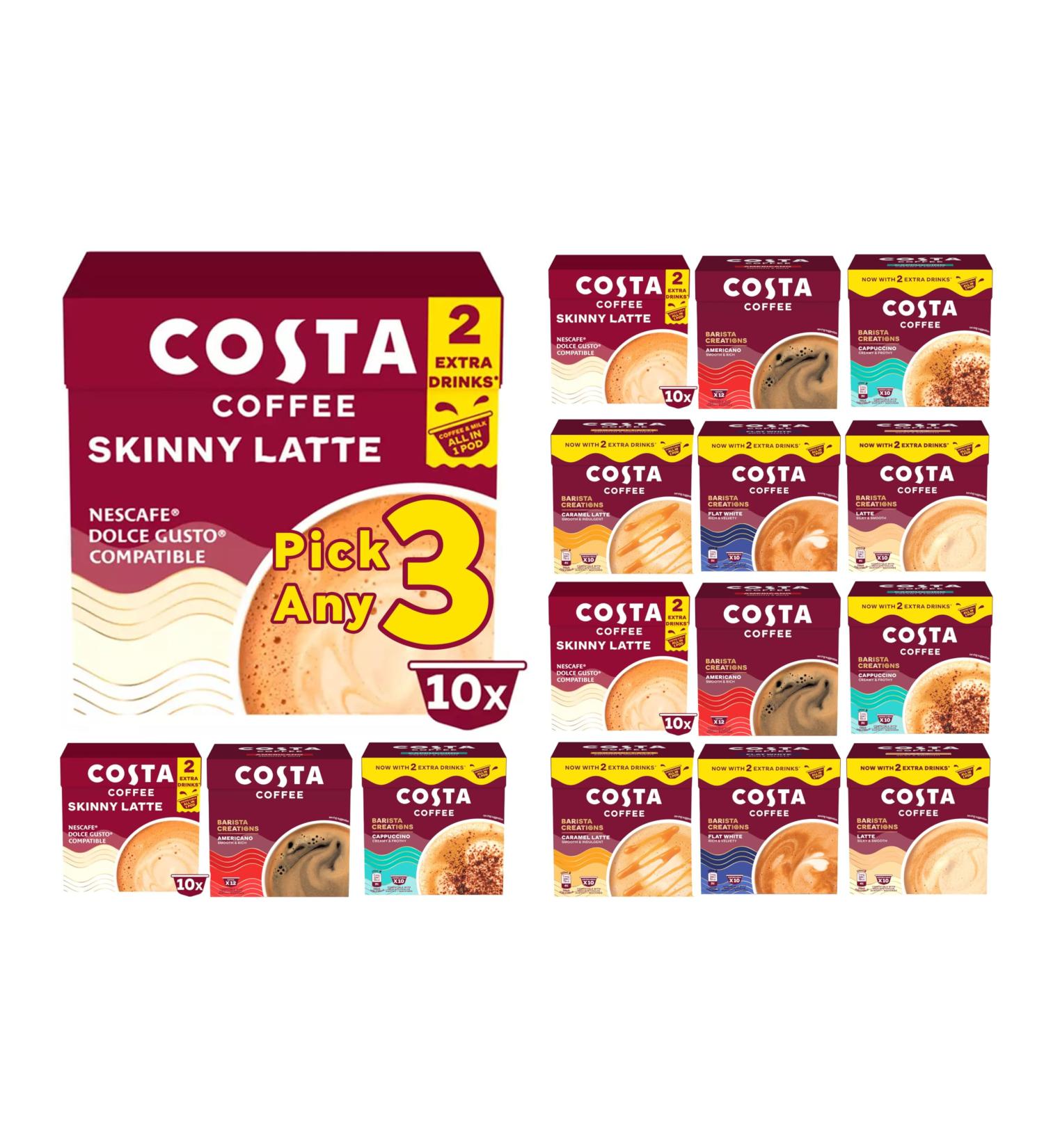 Costa Coffee Pods - Pick Any 3 Pack From 6 Flavours Including Costa Americano Skinny Latte Caramel Latte Latte Flat White & Cappuccino Pods - Buy Online on SooperMarket.com