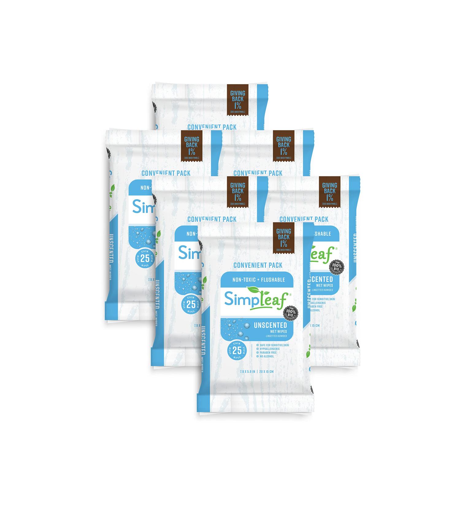 Simpleaf Flushable Wet Wipes | Eco-Friendly, Paraben & Alcohol Free, Hypoallergenic, Safe for Sensitive Skin | Unscented Aloe Vera Formula - 6 Pack (25 Count) - Buy Online on SooperMarket.com