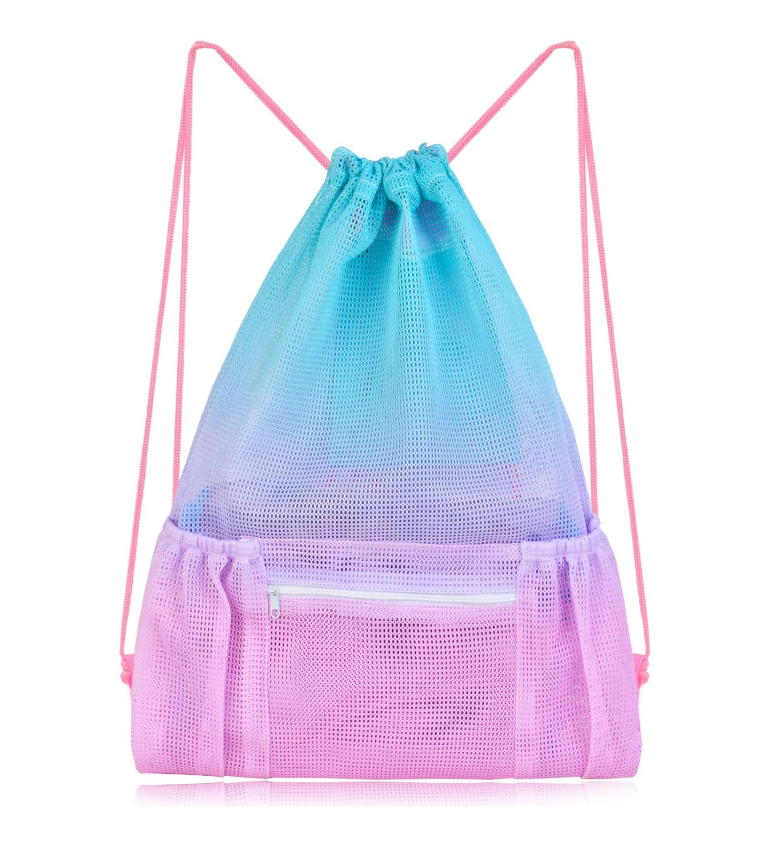 Nidoul Mesh Drawstring Beach Bag with Zipper Pocket - Pink Blue | Ideal for Swimming, Gym & Storage | Adult Kids - Buy Online on SooperMarket.com