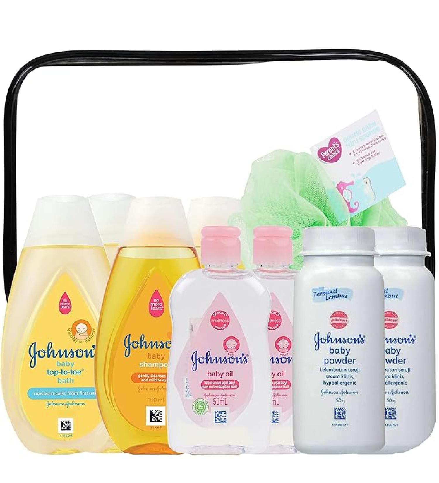 Johnson's Baby Bath Essentials Travel Kit - 9 Piece TSA Approved Toiletries Set with Shampoo  Body Wash  Baby Powder  and Oil - Bonus Loofah Included - Buy Online on SooperMarket.com