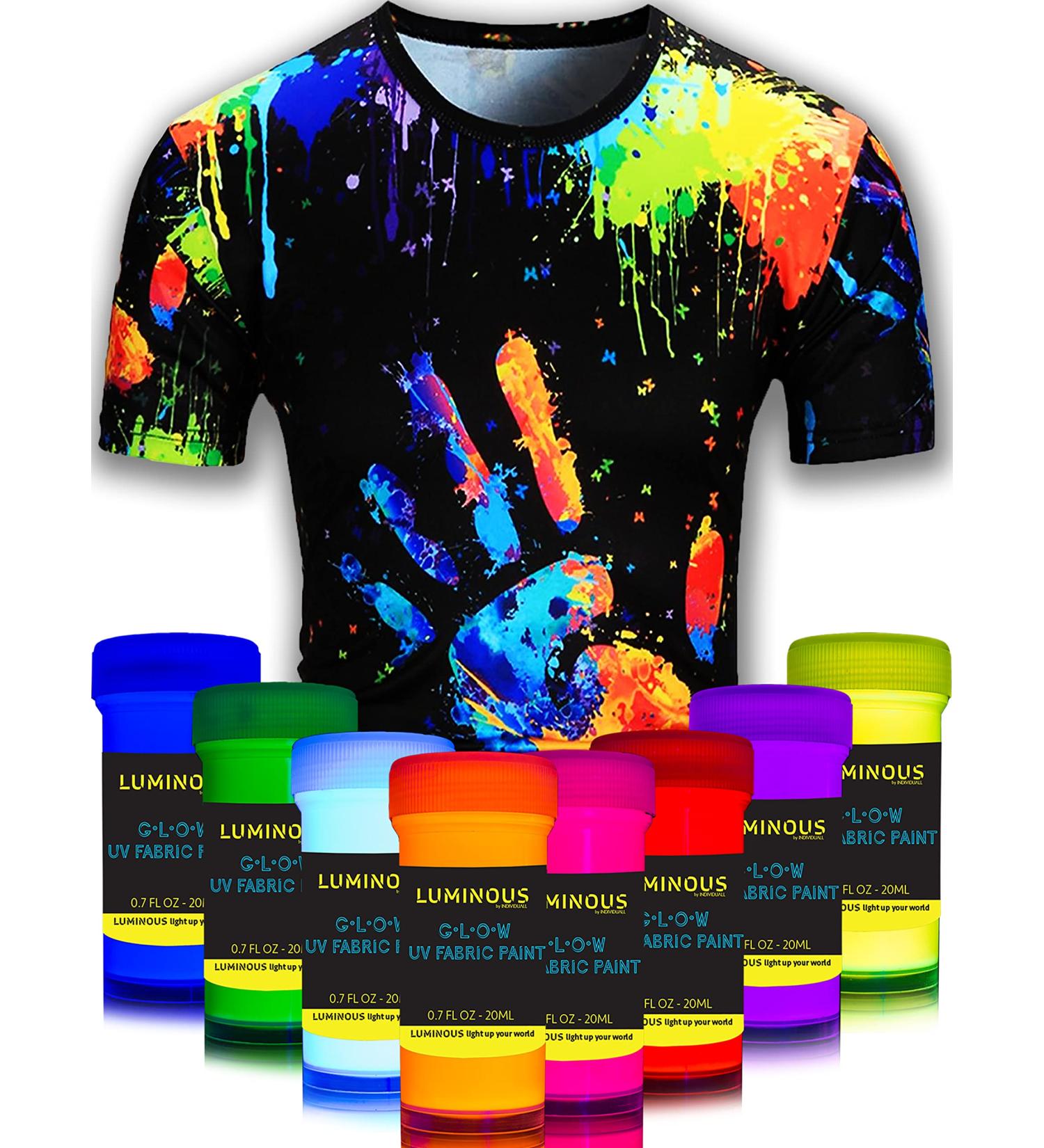 individuall Fabric Paint for Clothes - Set of 8 Neon  20mL  Black Light Glow in the Dark Paint Colors for Clothes  Textile and Canvas - Gifts for Artists Fabric UV Paint