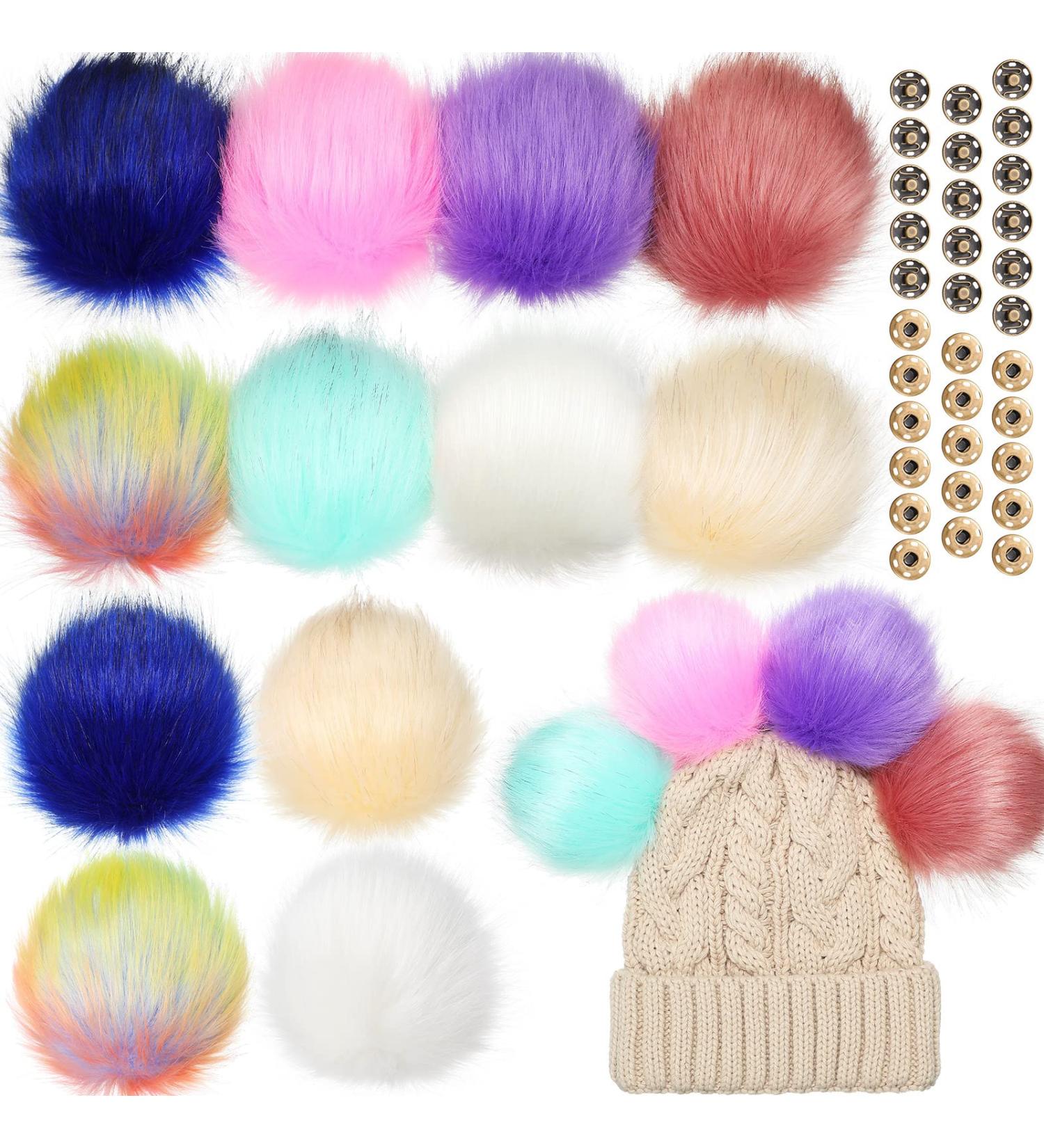 16 Piece Snap Pom Poms for Hats - Faux Fur Fluffy Removable Pom Poms with Snap Fastener - DIY Craft Knitting/Crochet Supplies - 8 Elegant Colors - Buy Online on SooperMarket.com