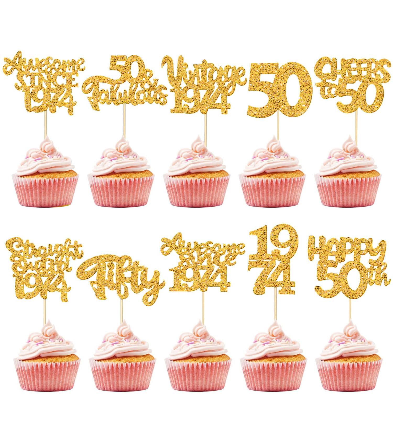 FoldTier 100 Pcs Happy 50th Birthday Cupcake Toppers Glitter Fifty 1974 Cupcake Picks Cheers to 50 Years Fabulous Cake Decorations for 50th Birthday Wedding Anniversary Party Supplies(Gold) - Buy Online on SooperMarket.com
