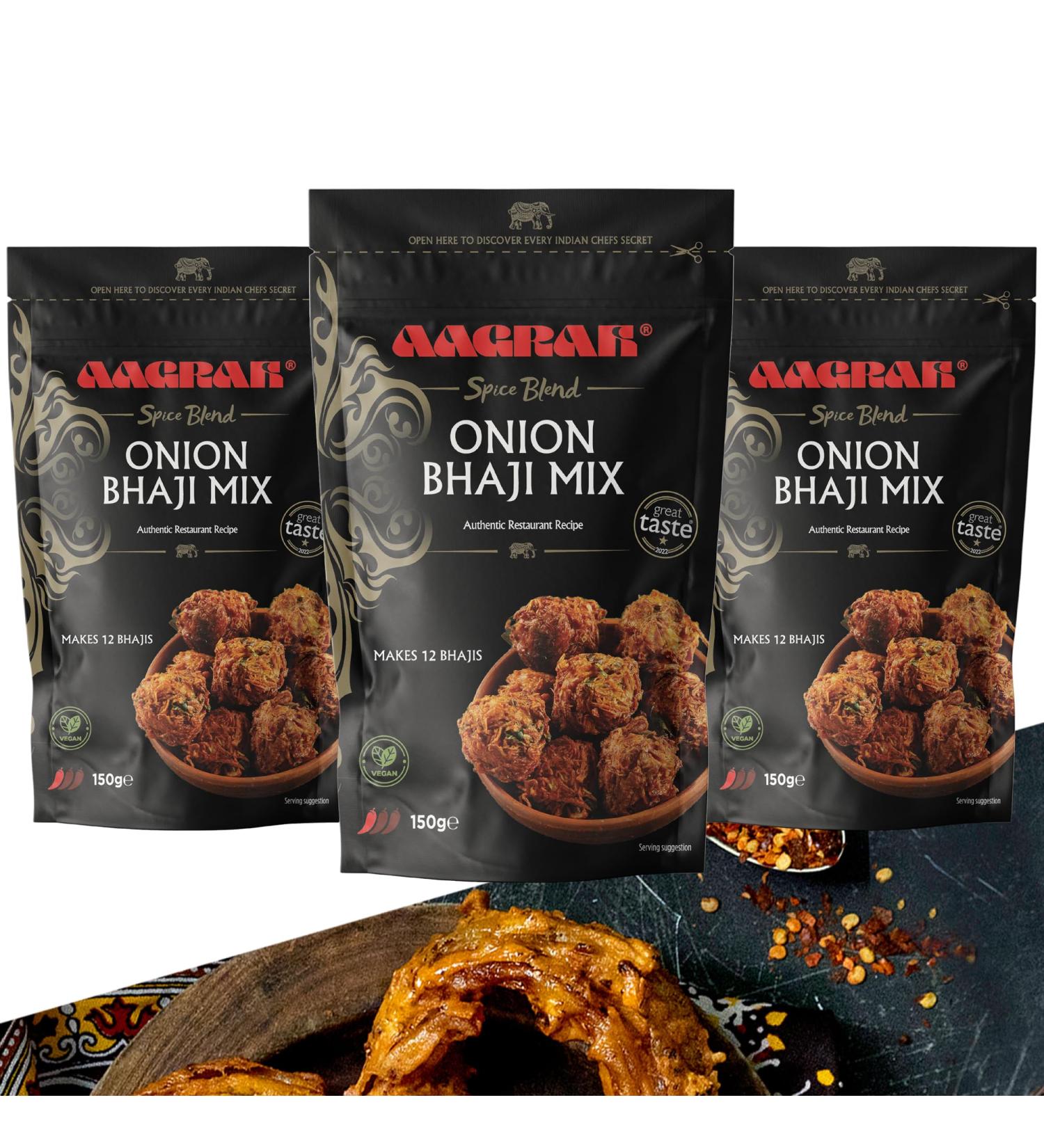 Aagrah Onion Bhaji Mix - 3 x 150g Packs - Authentic Indian Restaurant Recipe Batter Mix - Make Delicious Bhajis and Pakoras at Home in Minutes - Suitable for Vegans 150 g (Pack of 3) - Buy Online on SooperMarket.com