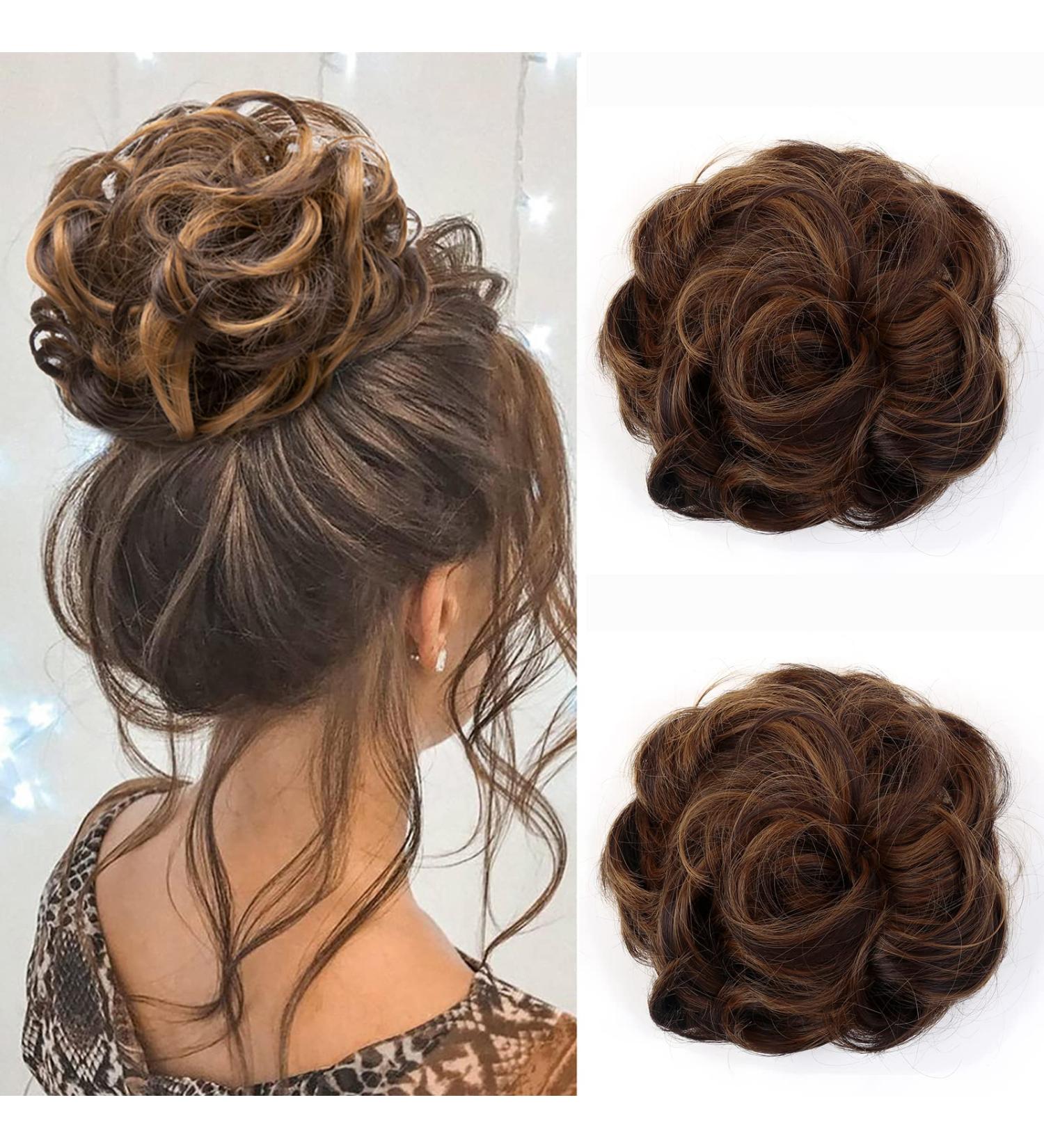 JJstar 2PCS Messy Bun Curly Fake Hair Buns Donut Tousled Updo High Heat Synthetic Fiber Scrunchies (Dark Brown/Golden) - Women/Girls Ponytail Extension - Buy Online on SooperMarket.com