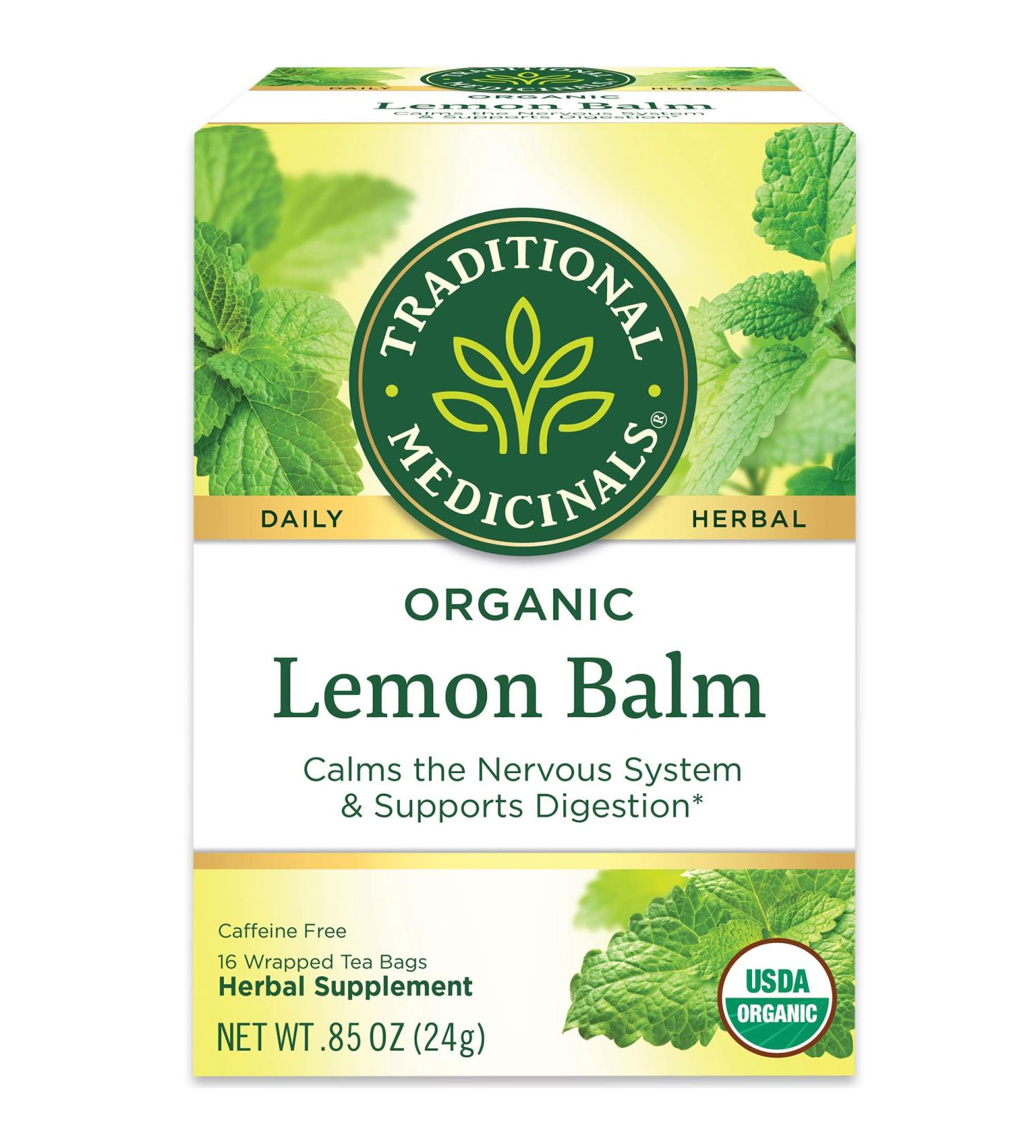 Organic Lemon Balm Herbal Tea - Caffeine Free, 16 Wrapped Bags | Traditional Medicinals - Buy Online on SooperMarket.com