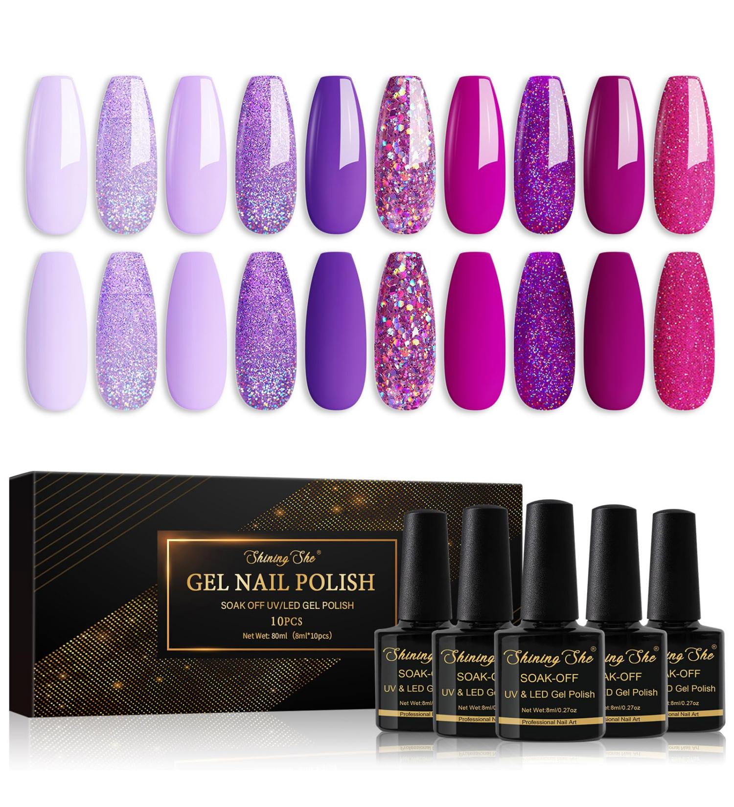 Shining She Gel Nail Polish Set - 10 Colors Purple Rose White Glitter Kit - Soak-Off UV/LED - 8ML - Ideal for Nail Art Salon & Home DIY - Buy Online on SooperMarket.com