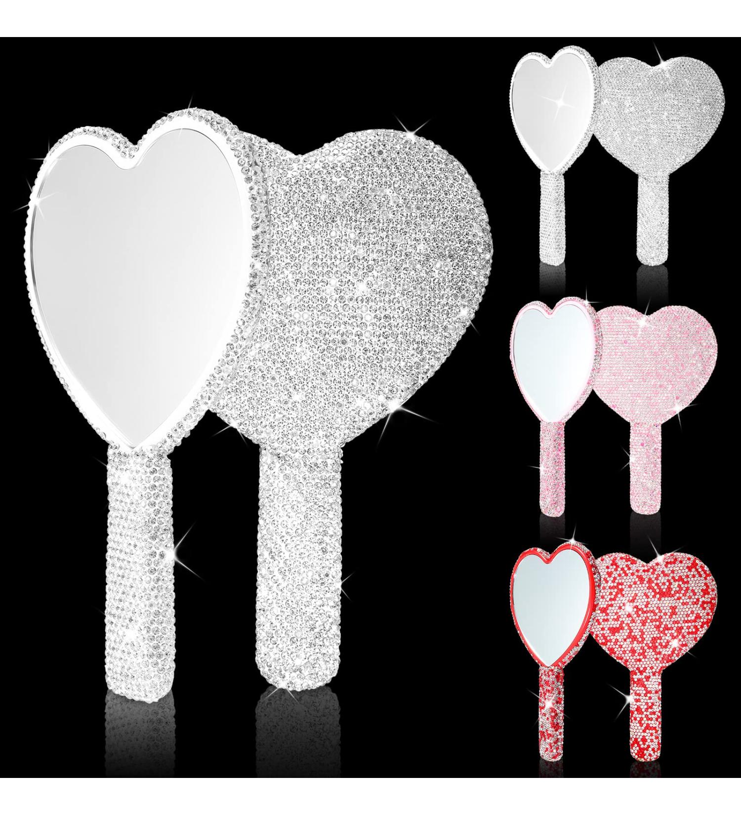 4 Pcs Heart Shaped Rhinestone Hand Mirrors | Portable Makeup Mirror Set for Women | Perfect Gift for Mother's Day & Weddings - Pink, White, Red - Buy Online on SooperMarket.com