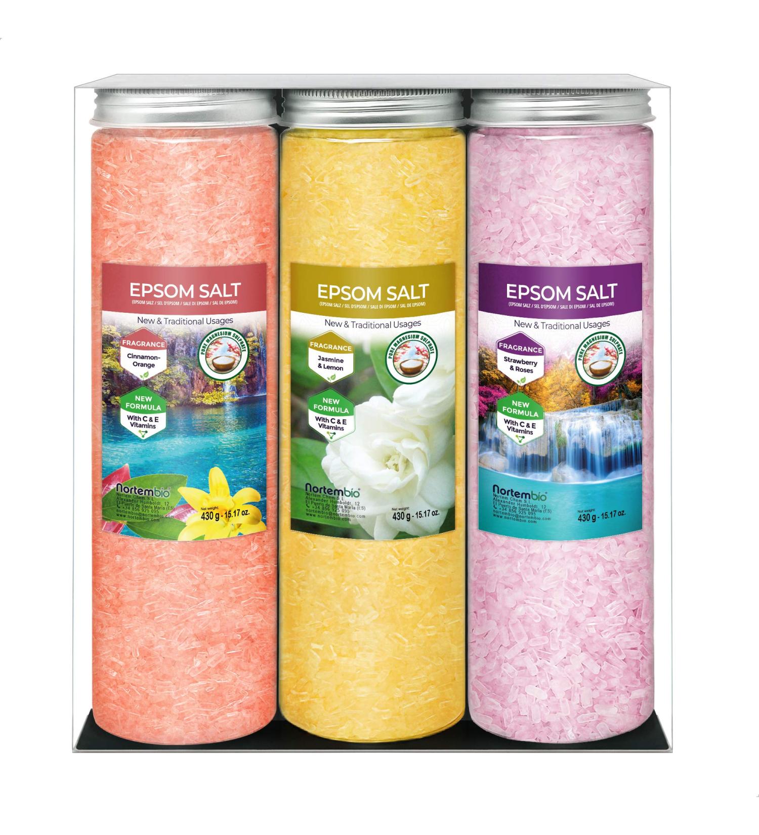 Nortembio Epsom Salt Set - Aromatherapy Trio (Cinnamon Jasmine Rose) | Hydrated with Vitamin C & E | 3 x 430g | E-book Included | Perfect for Floating Therapy - Buy Online on SooperMarket.com