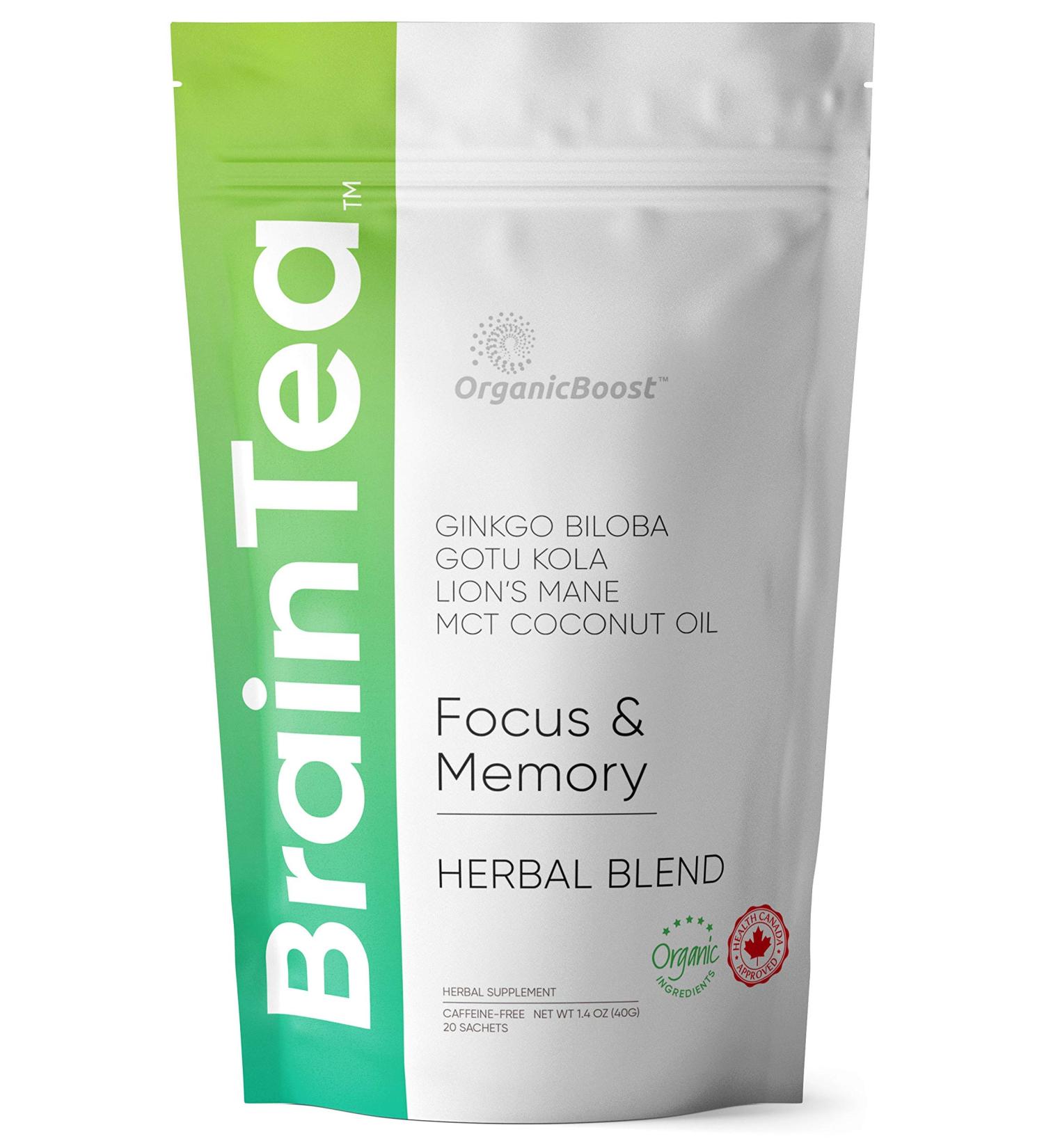 Organic Brain Tea with Gotu Kola, Ginkgo Biloba, Lion's Mane Mushroom & MCT - Memory & Focus Booster | Nootropic Tea - Buy Online on SooperMarket.com
