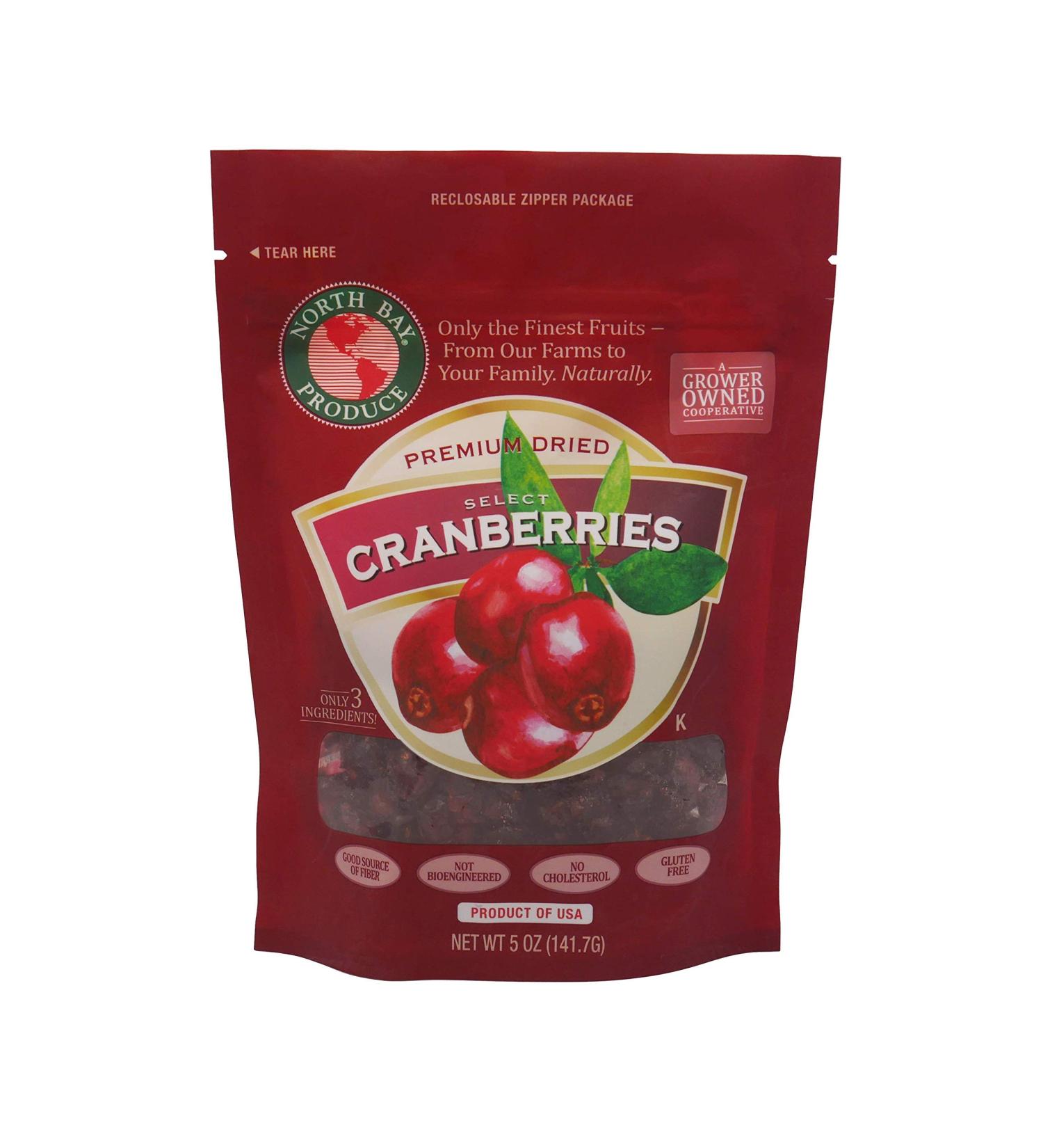 North Bay Produce Dried Cranberries 5oz - Gluten Free Vegan Healthy Snacks - Resealable Bag - Perfect for Kids and Adults - Buy Online on SooperMarket.com
