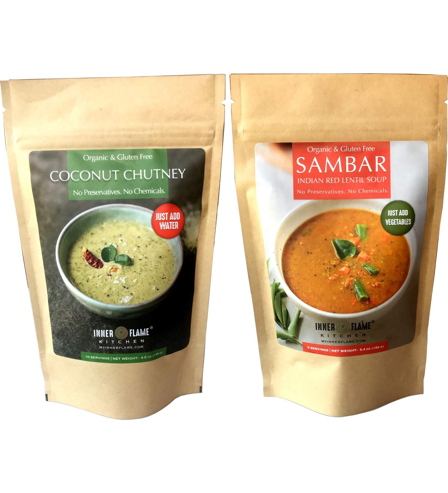 Inner Flame Instant Sambar and Coconut Chutney Combo Pack - Authentic Taste, Non-GMO, Gluten-Free, No Preservatives - Buy Online on SooperMarket.com