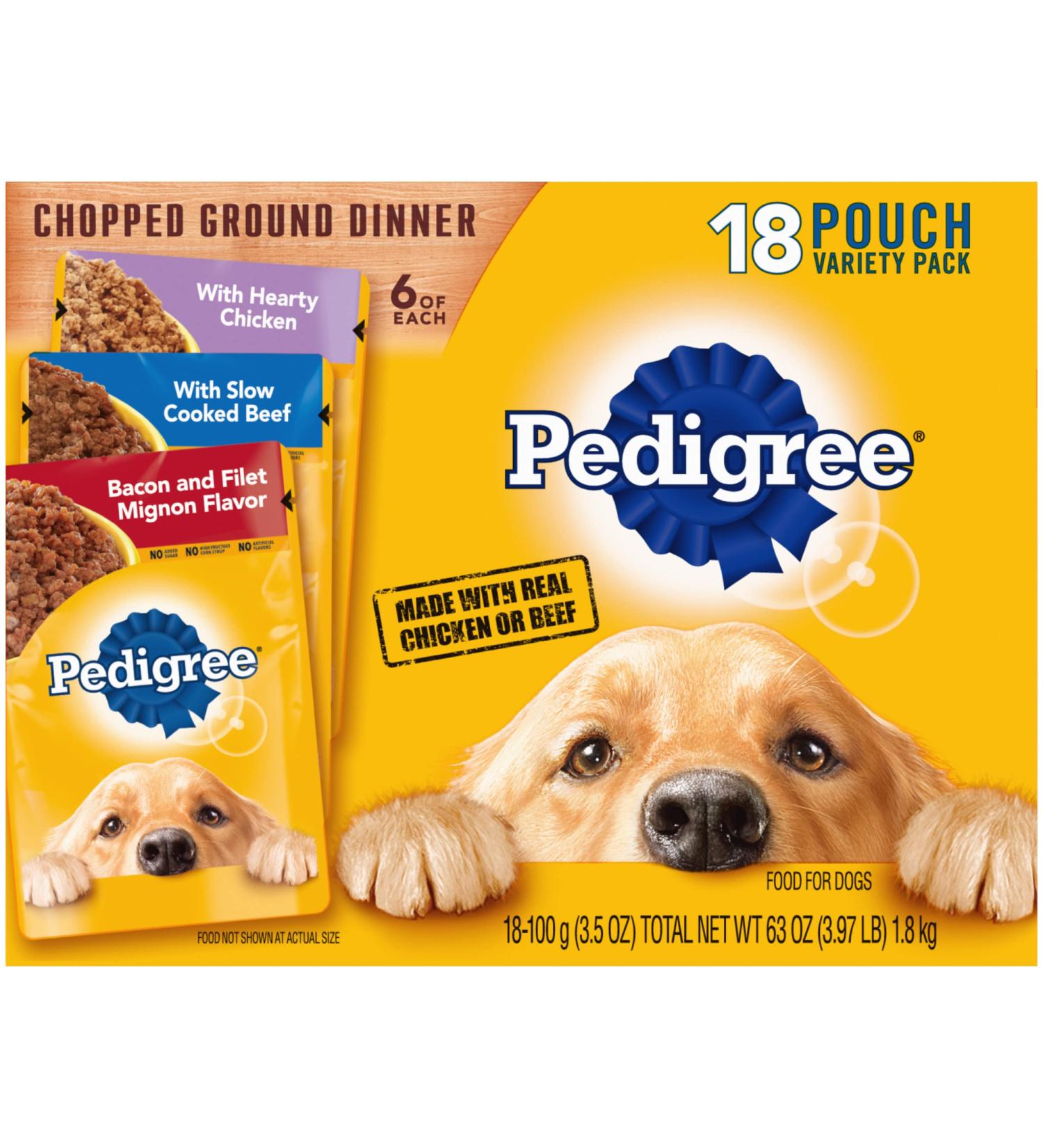 PEDIGREE Chopped Ground Dinner Adult Wet Dog Food Variety Pack, 3.5 oz Pouches, Chicken, Beef, Filet Mignon - 18 Pack - Buy Online on SooperMarket.com