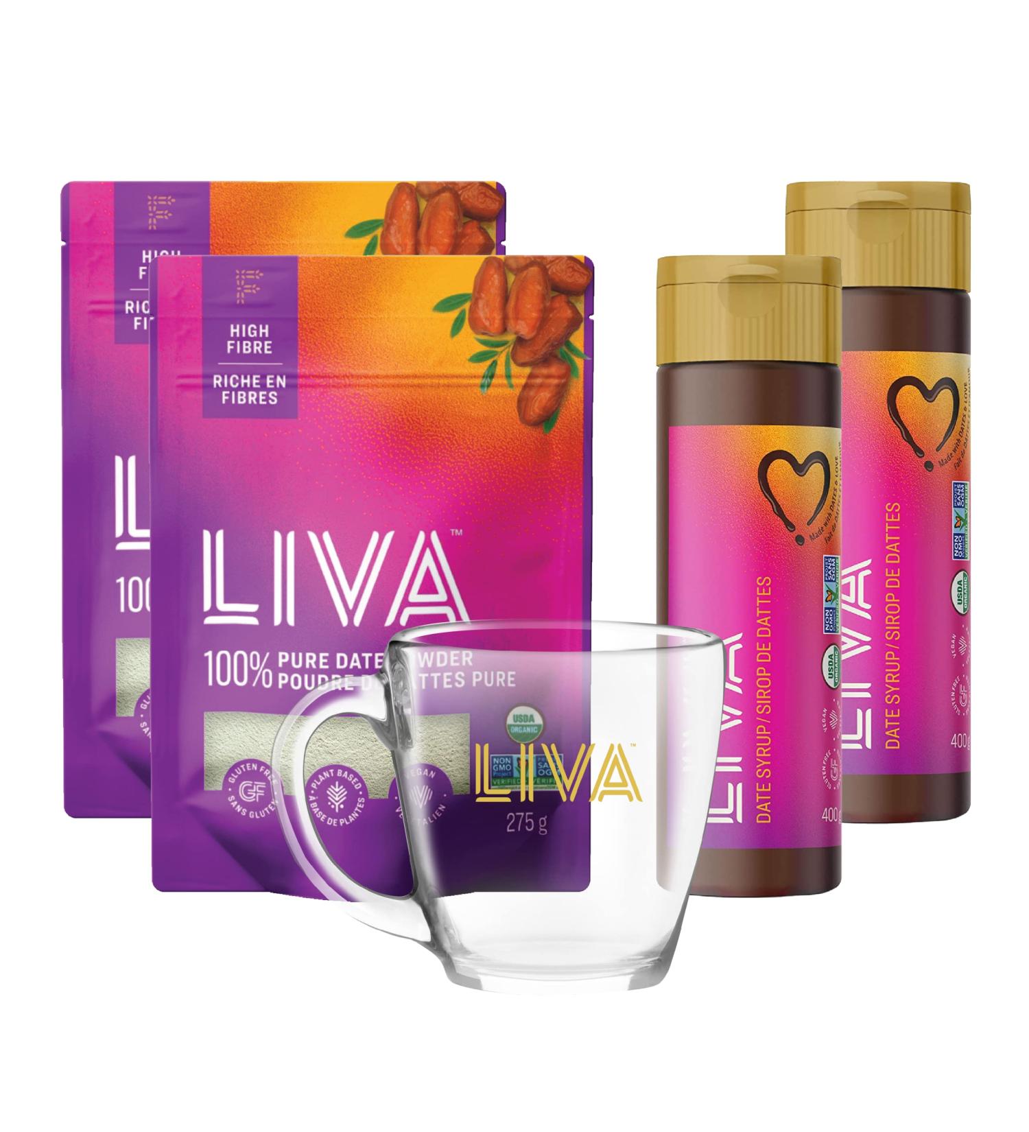 LIVA Date Syrup and Date Powder Gift Box Includes 2 LIVA Date Syrup 400g 2 LIVA Date Powder 275g and 1 LIVA Branded Glass Mug Mother's Day | Housewarming | Corporate Foodie | Baking Enthusiast - Buy Online on SooperMarket.com