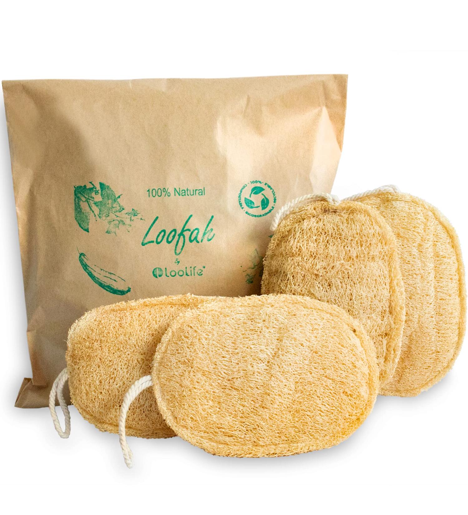 4 Pack 100% Natural Loofah Exfoliating Sponges - Organic Bath Scrubber Set - Buy Online on SooperMarket.com