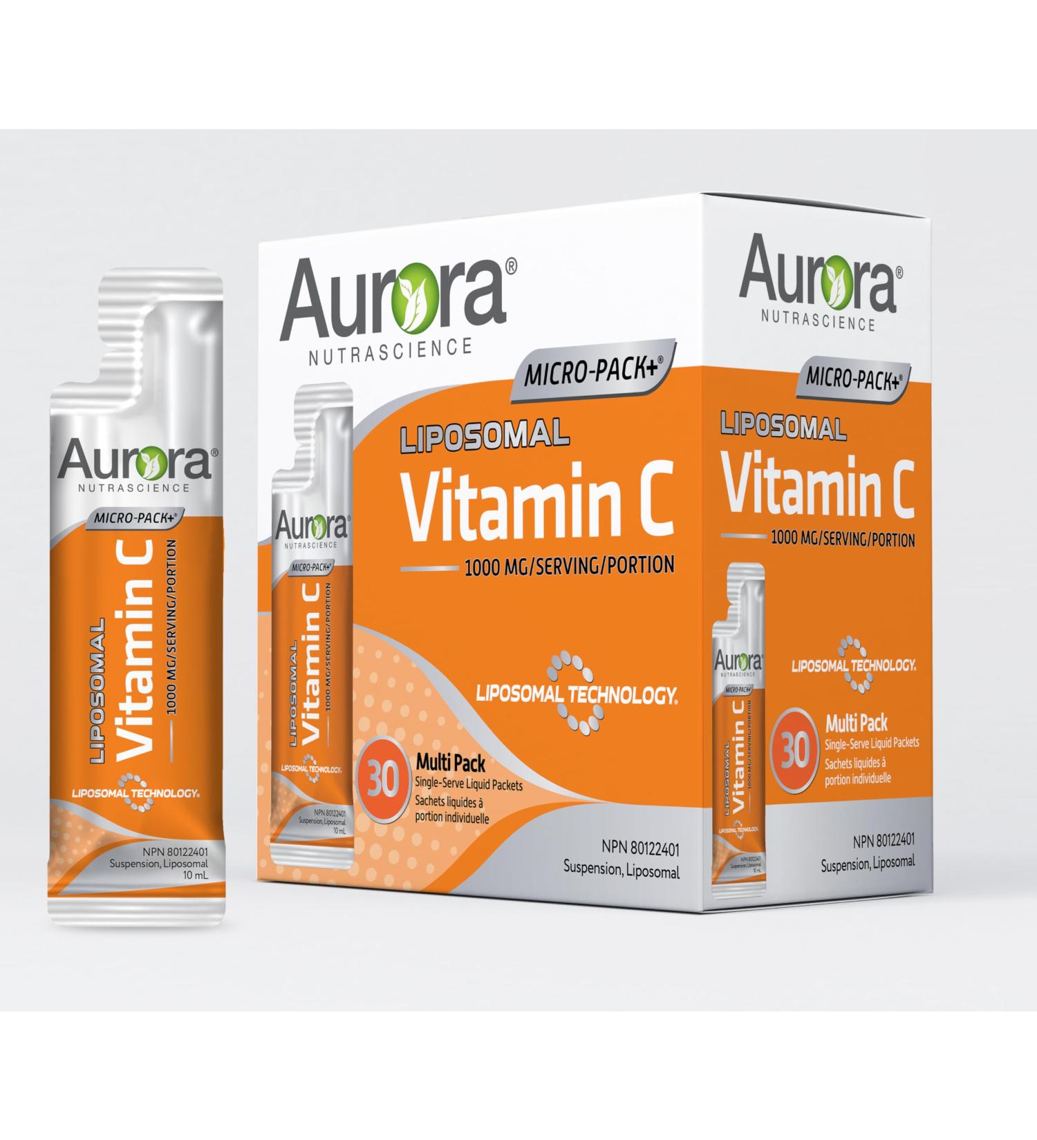 Aurora Nutrascience Liposomal Vitamin C Micro-Pack+ 1000mg/ Serving Gluten Free Non-GMO Sugar Free Organic Fruit Flavour 30 Single Serve Liquid Packets. NPN 80122401 - Buy Online on SooperMarket.com