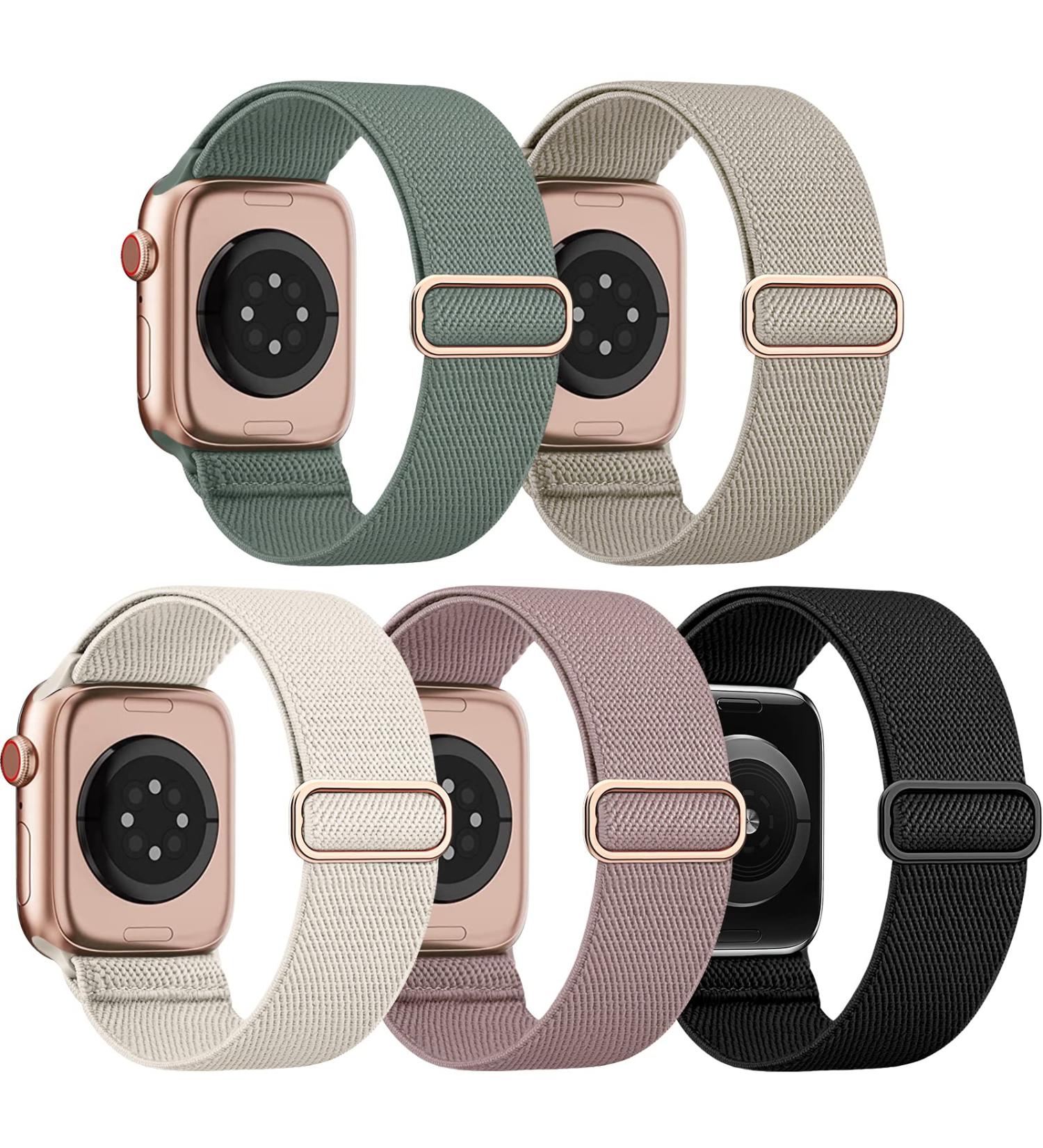 EOMTAM 5 Pack Stretchy Nylon Apple Watch Bands for Women Men - Starlight/Stone/Deep-Green/Deep-Pink/Black 38/40/41MM - Compatible with Apple Watch Series 8 7 6 SE 5 4 3 - Elastic Cloth Sport Wristbands - Buy Online on SooperMarket.com