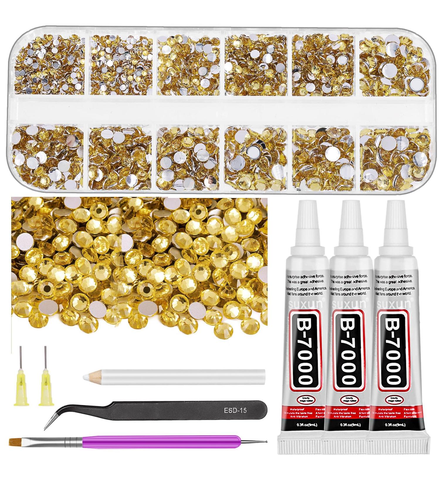 GLARKS B7000 Jewelry Adhesive Glue with Rhinestone Gems Kit 2600Pcs Yellow Rhinestones with Gems Adhesive Flat Back Gems Crystal Rhinestones with 6Pcs Dotting Tools for Craft Nail Art Gold - Buy Online on SooperMarket.com