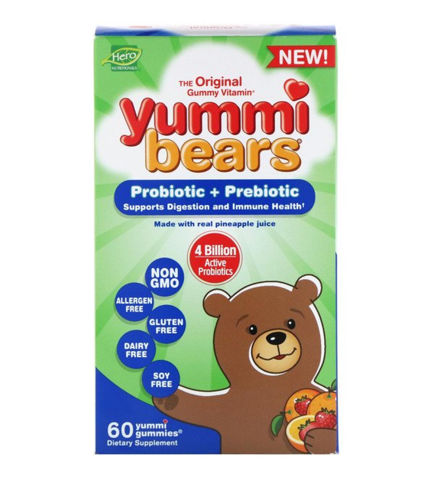 Hero Yummi Bears Probiotic + Prebiotic Gummies - Natural Strawberry & Orange - 60 Count - Buy Online on SooperMarket.com