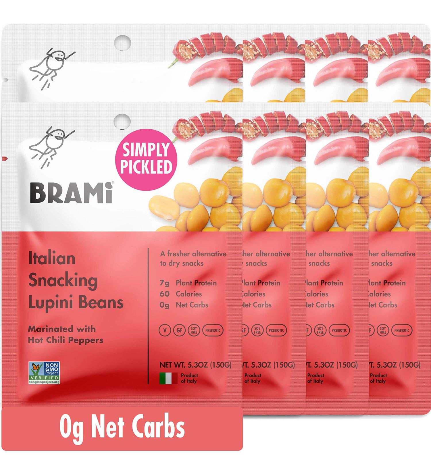 Brami Hot Chili Pepper Lupini Beans Snack | 7g Plant Protein, 0g Net Carbs | Vegan Keto Approved | 8-Pack (5.3 oz) - Buy Online on SooperMarket.com