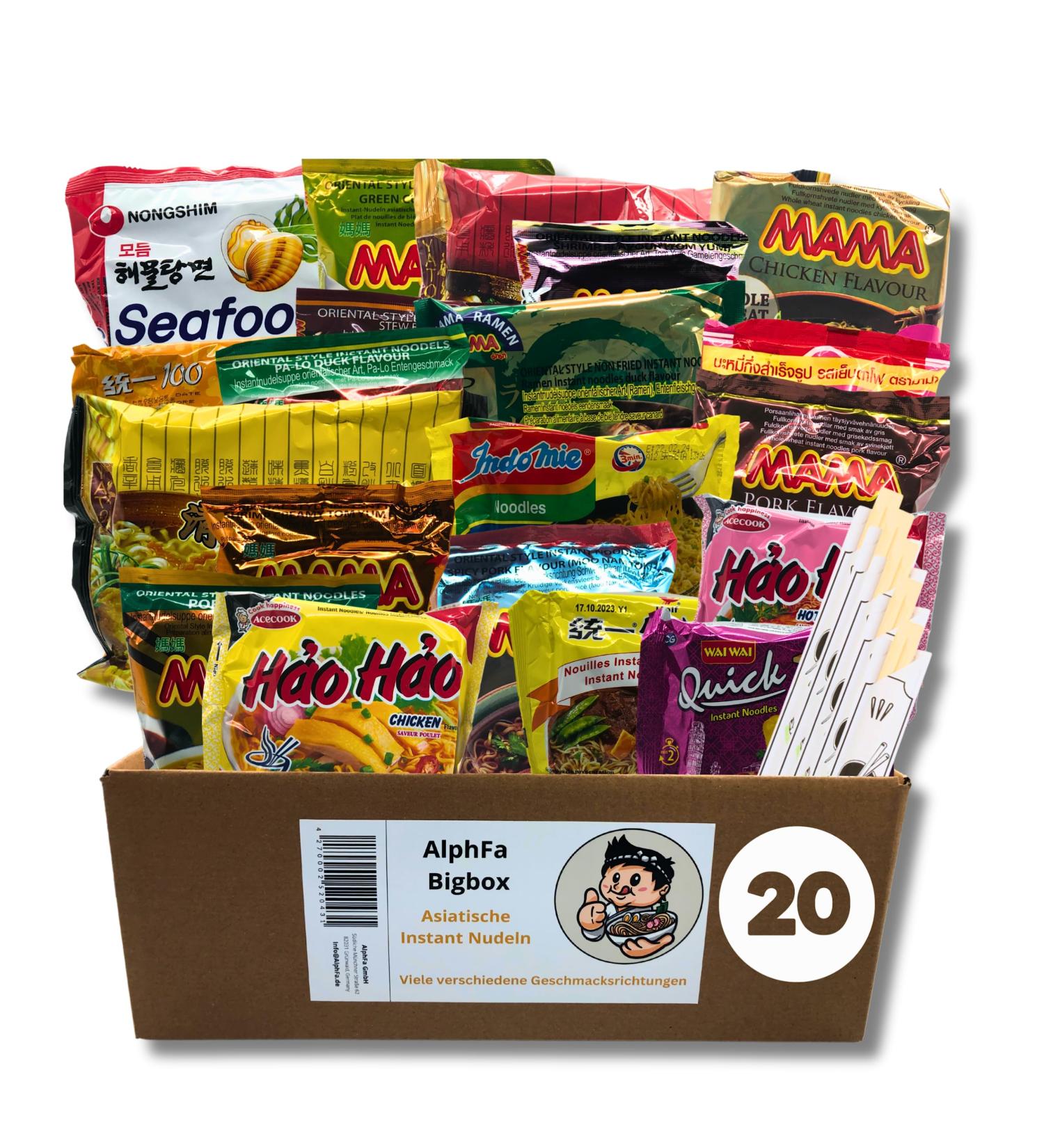 Alphfa Bigbox: 20 Asian Instant Pasta & Ramen Soups - Perfect Gift Box with Chicken Beef & Shrimp Varieties - Buy Online on SooperMarket.com