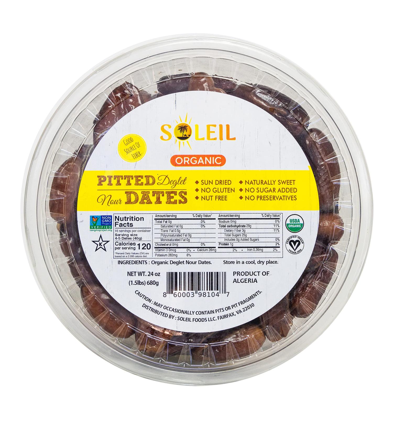 24oz Organic Pitted Dates | Sun Dried Algerian Deglet Noor | Certified Organic, Non-GMO, Vegan, Kosher | Naturally Sweet, Gluten-Free, Nut-Free - Buy Online on SooperMarket.com