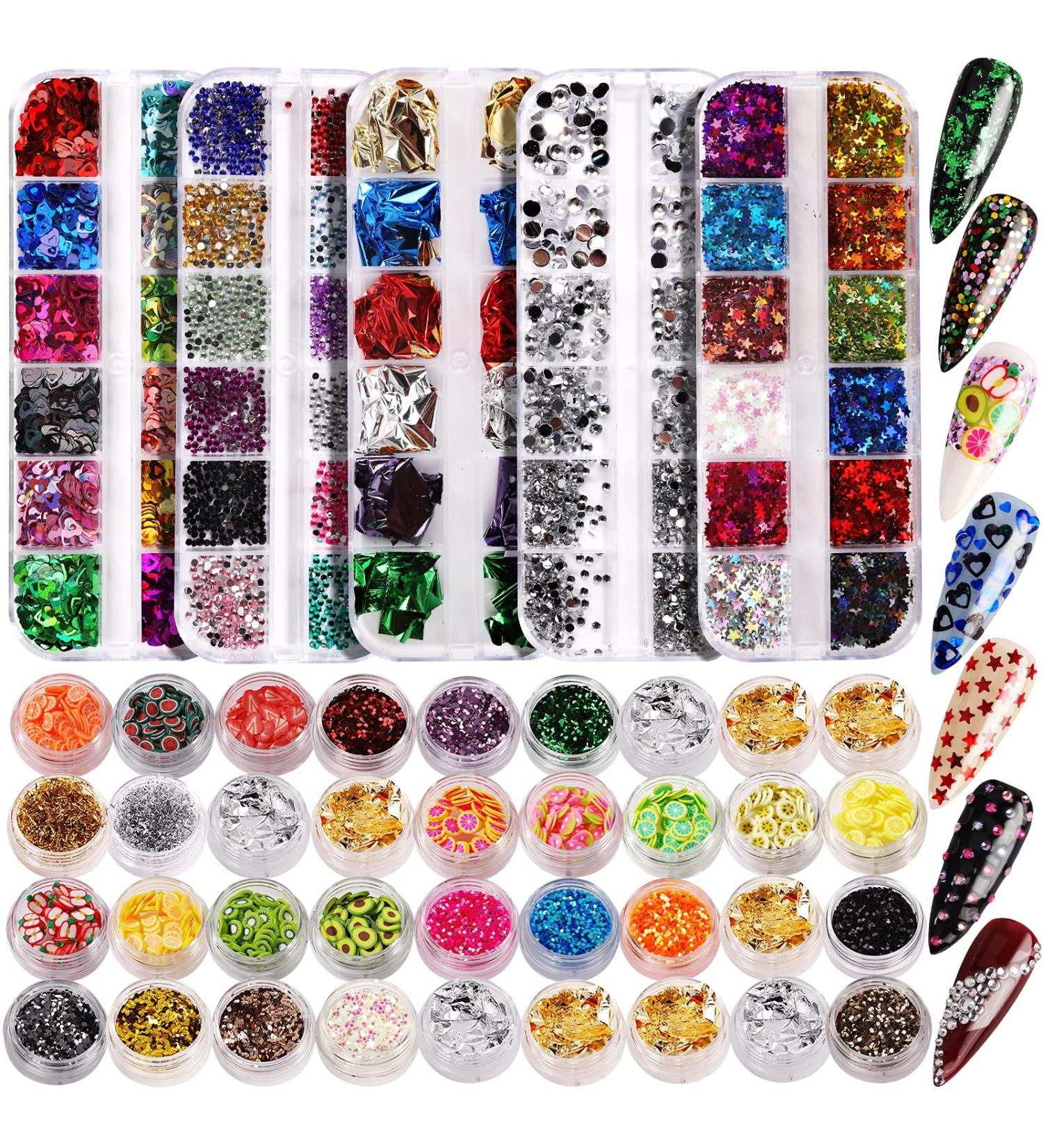 Nail Art Designs: Foil Stickers, Gems, Rhinestones, Fruit Slices, Glitter, Sequins & Holographic Decor Set B - Buy Online on SooperMarket.com