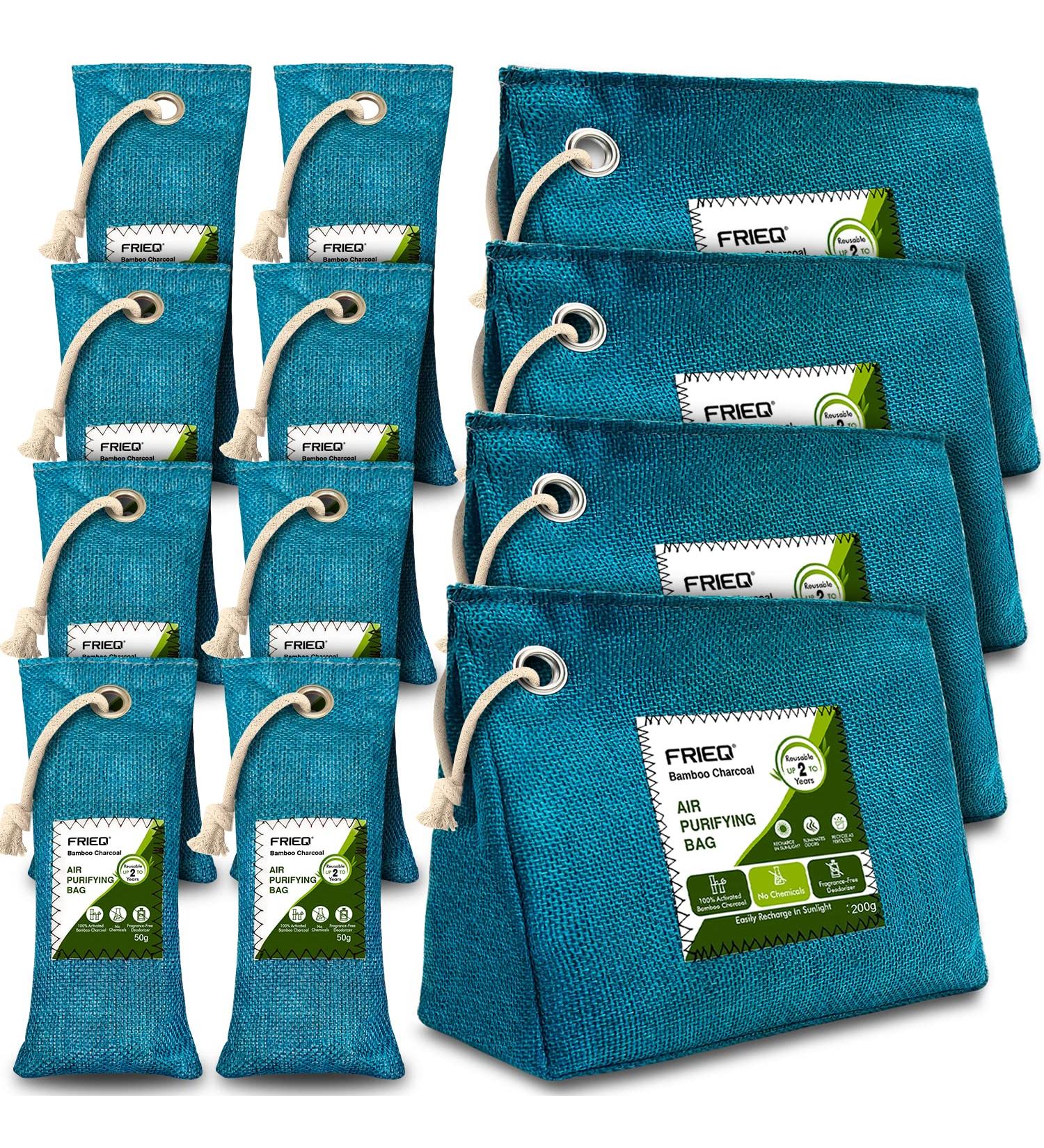 FriEQ 12-Pack Bamboo Charcoal Air Purifying Bags | Odor Absorber for Car, Home, Closet | Lasts 365+ Days | 4x200g 8x50g | Blue-Green - Buy Online on SooperMarket.com