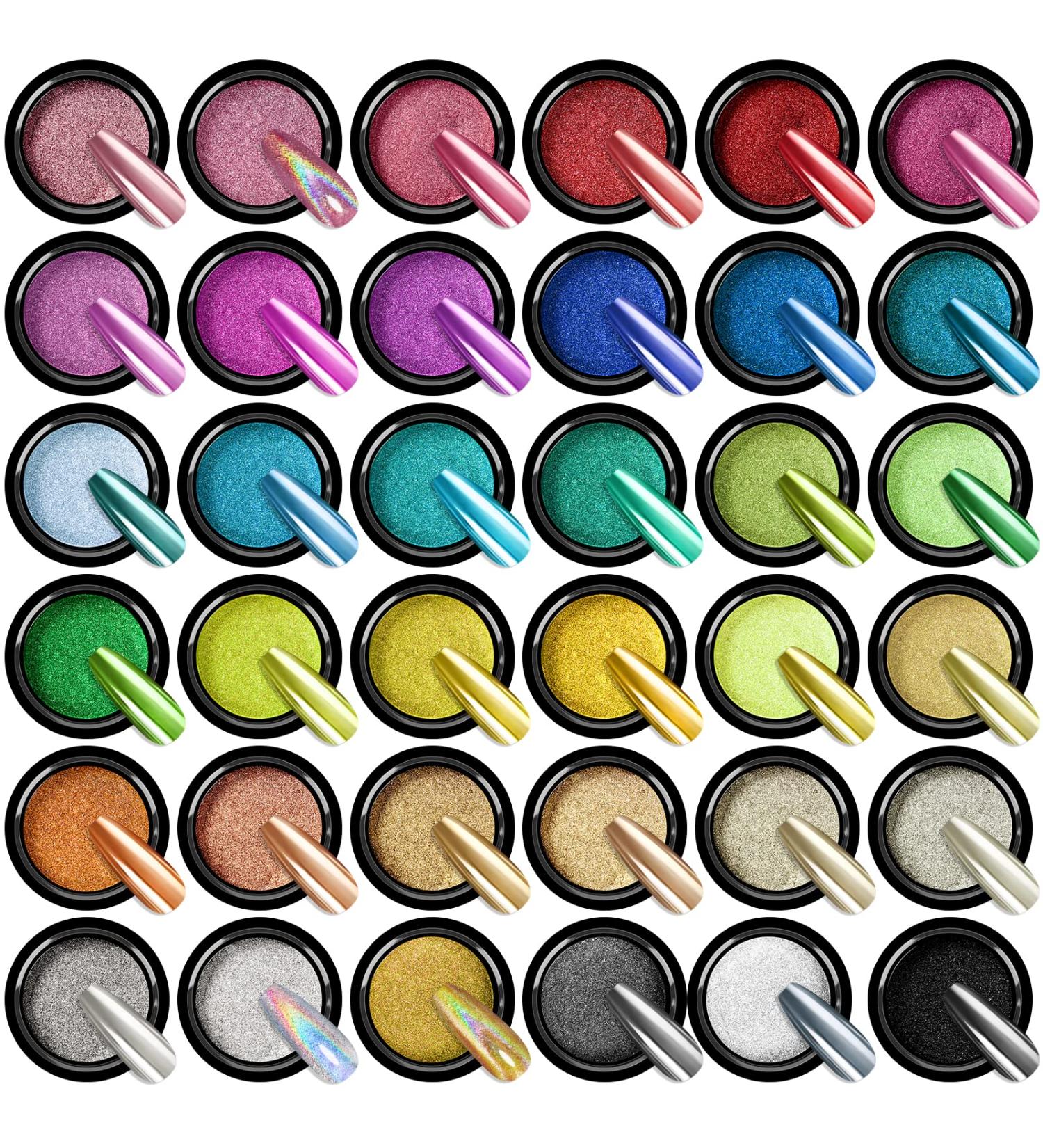Saviland 36Pcs Mirror Chrome Nail Powder Set - Metallic Holographic Chrome in Black Blue Silver Gold - for French Manicure & Nail Art Decoration - DIY Home Salon - Buy Online on SooperMarket.com