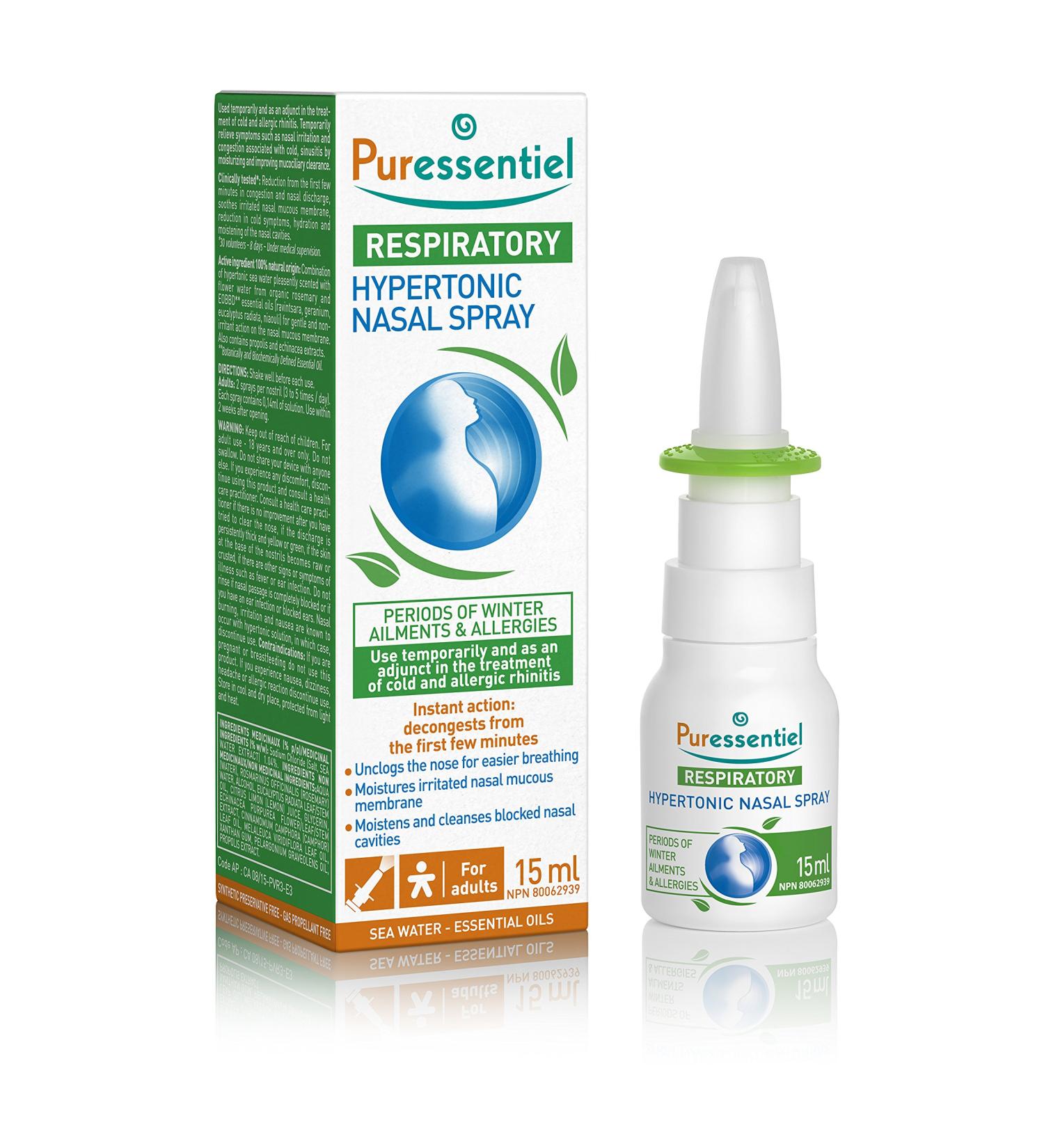 PURESSENTIEL - Respiratory Hypertonic Nasal Spray with 4 essential oils - Decongests the nose for easier breathing - Used to treat winter ailments and allergies - 100% from natural sources - 15ml - Buy Online on SooperMarket.com