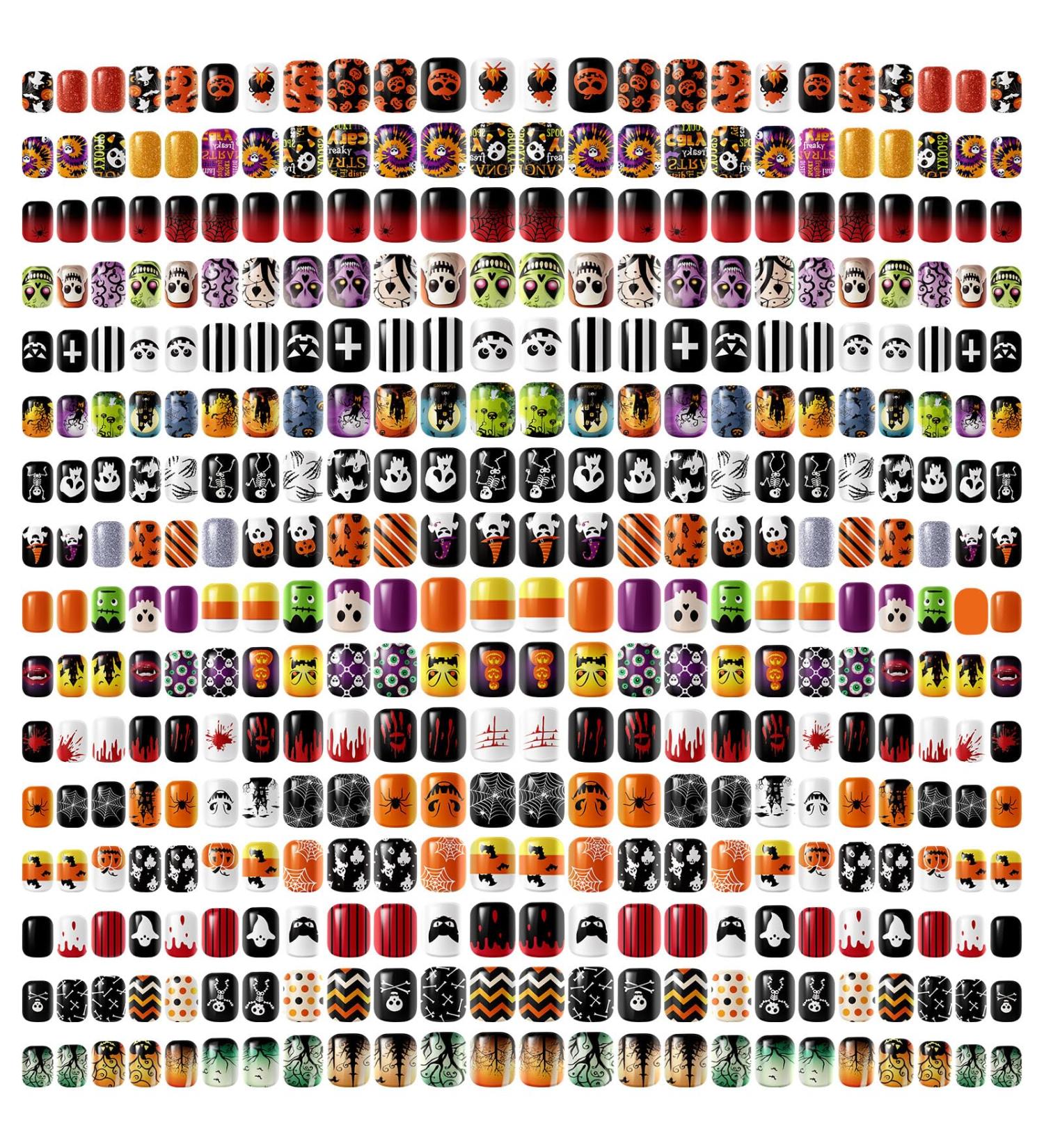 384 Pcs Halloween Press On Nails - Ghost Pumpkin & Spider Patterns | Short Coffin Style Nail Tips for Women - Buy Online on SooperMarket.com