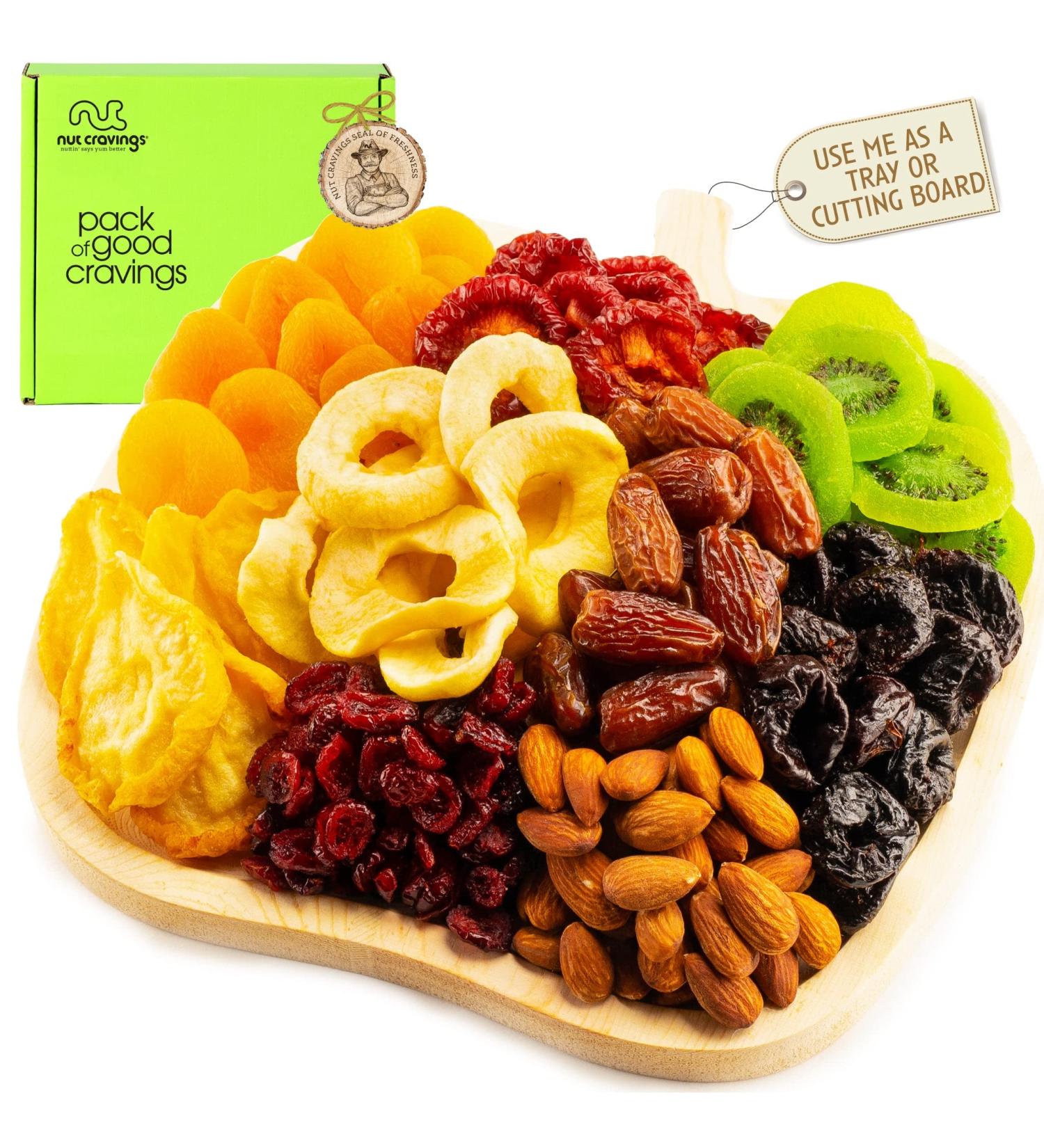 Dried Fruit & Nuts Gift Basket in Wooden Apple Tray + Green Ribbon - 9 Assortments | Holiday & Birthday Gourmet Arrangement | Healthy Kosher Snack Box - Buy Online on SooperMarket.com