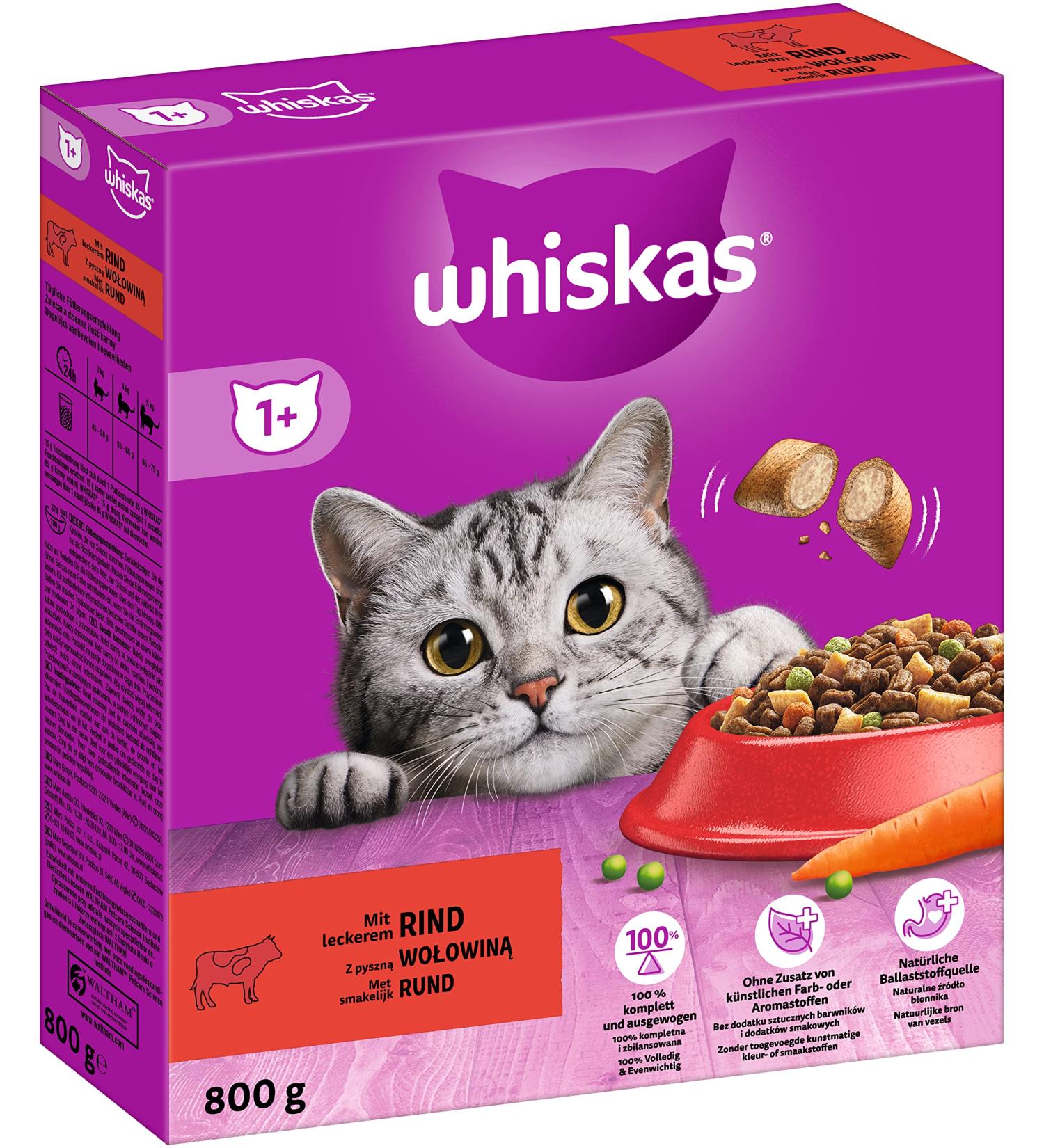Buy Whiskas Adult 1+ Dry Cat Food - Beef 5x800g Packs | Premium Drying Cat Food for Adults - Various Packaging Options - Buy Online on SooperMarket.com