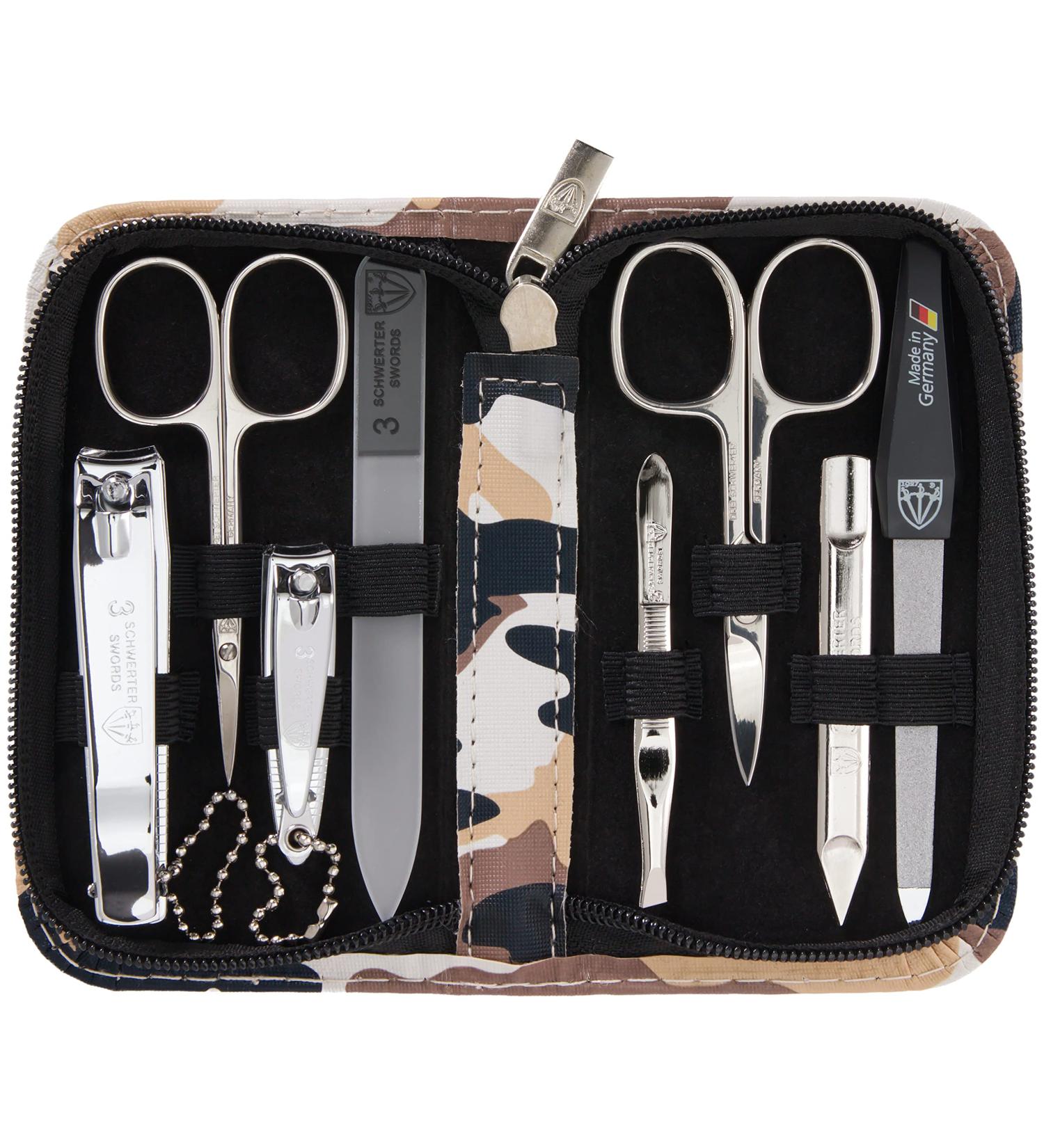 Three Swords Roma 8-Piece Manicure Set | High-Quality Nail Care in Camouflage Synthetic Leather Etui | Perfect Nail Scissors Clippers Tweezers & Glass Files - Buy Online on SooperMarket.com